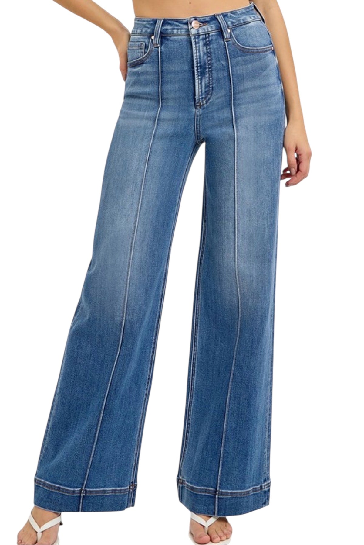 Tummy Control High Rise Wide Front Pintuck Jeans - The Girl on Ivy