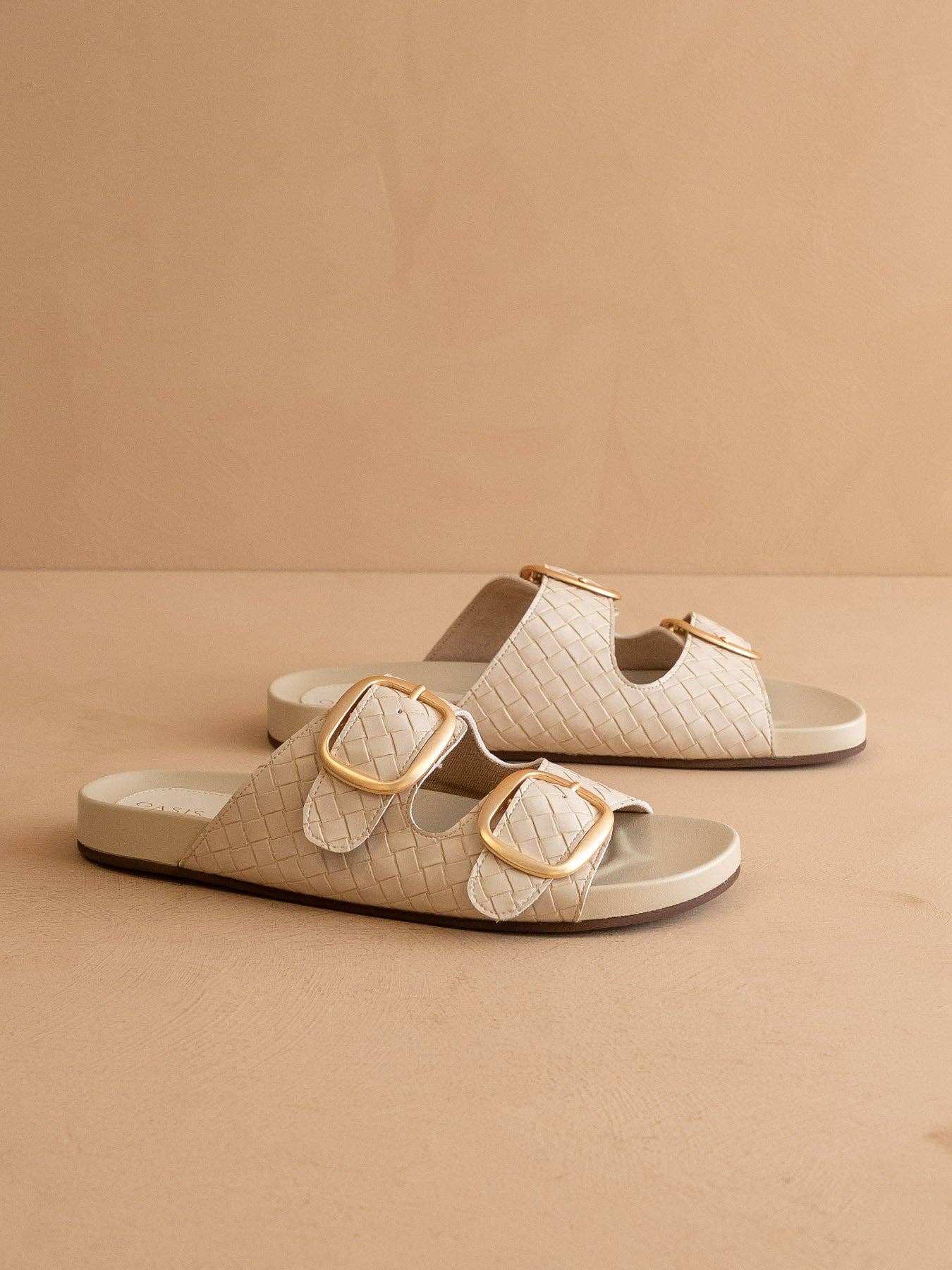 The Desiree | Beige Woven Slide with Oversized Gold Buckles - The Girl on Ivy