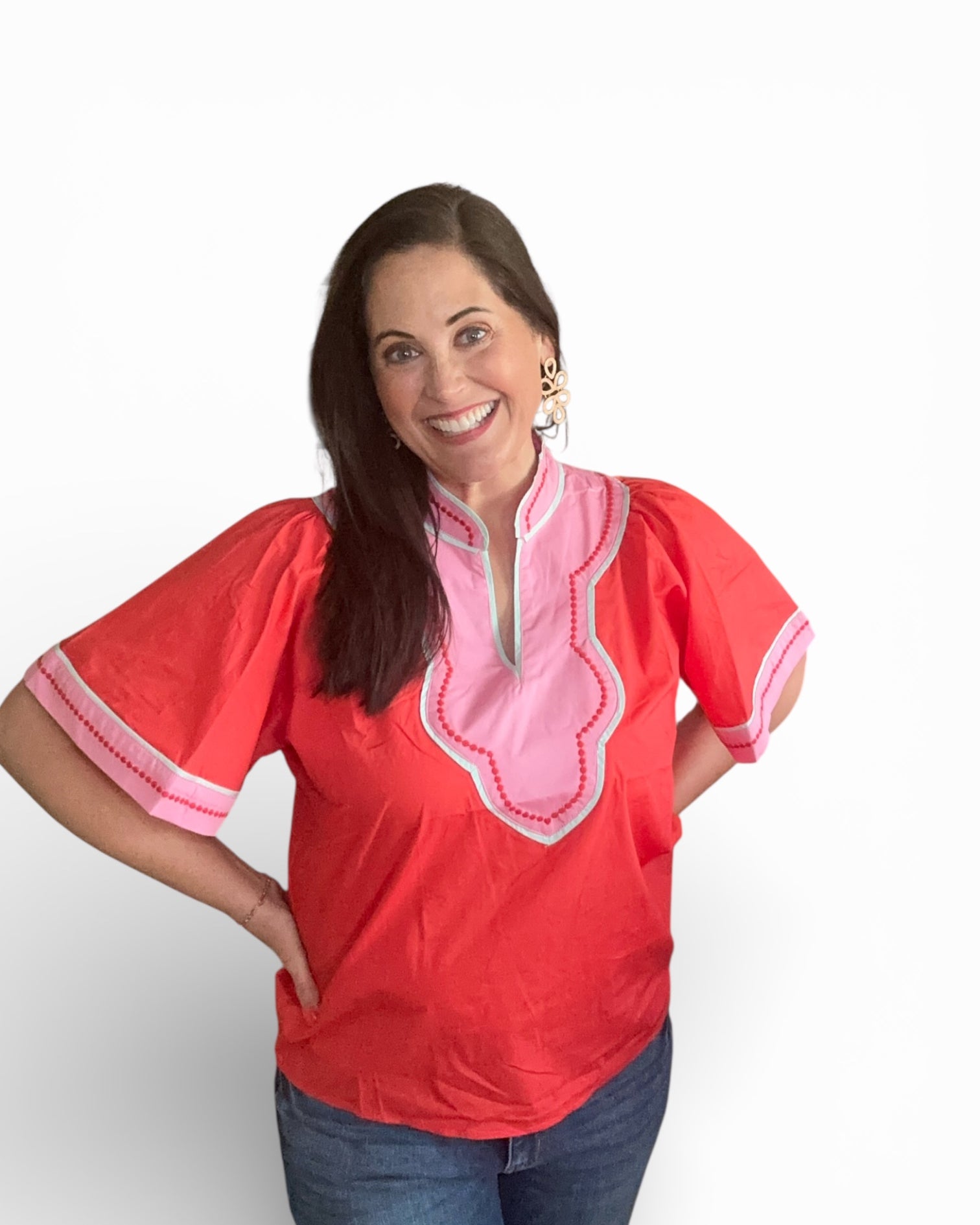 Contrast Trim Wide Sleeve V-Neck Top - The Girl on Ivy