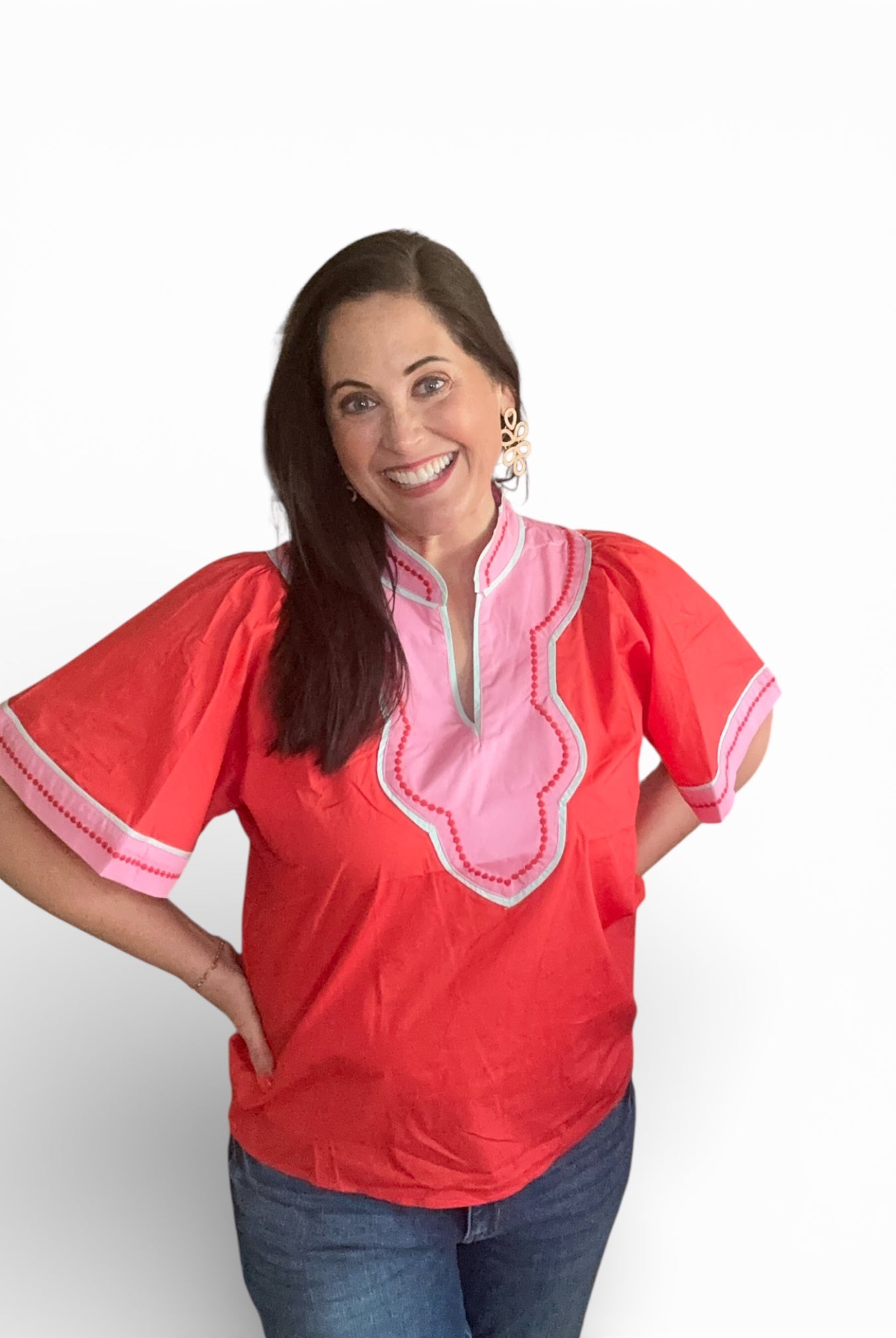 Contrast Trim Wide Sleeve V-Neck Top - The Girl on Ivy