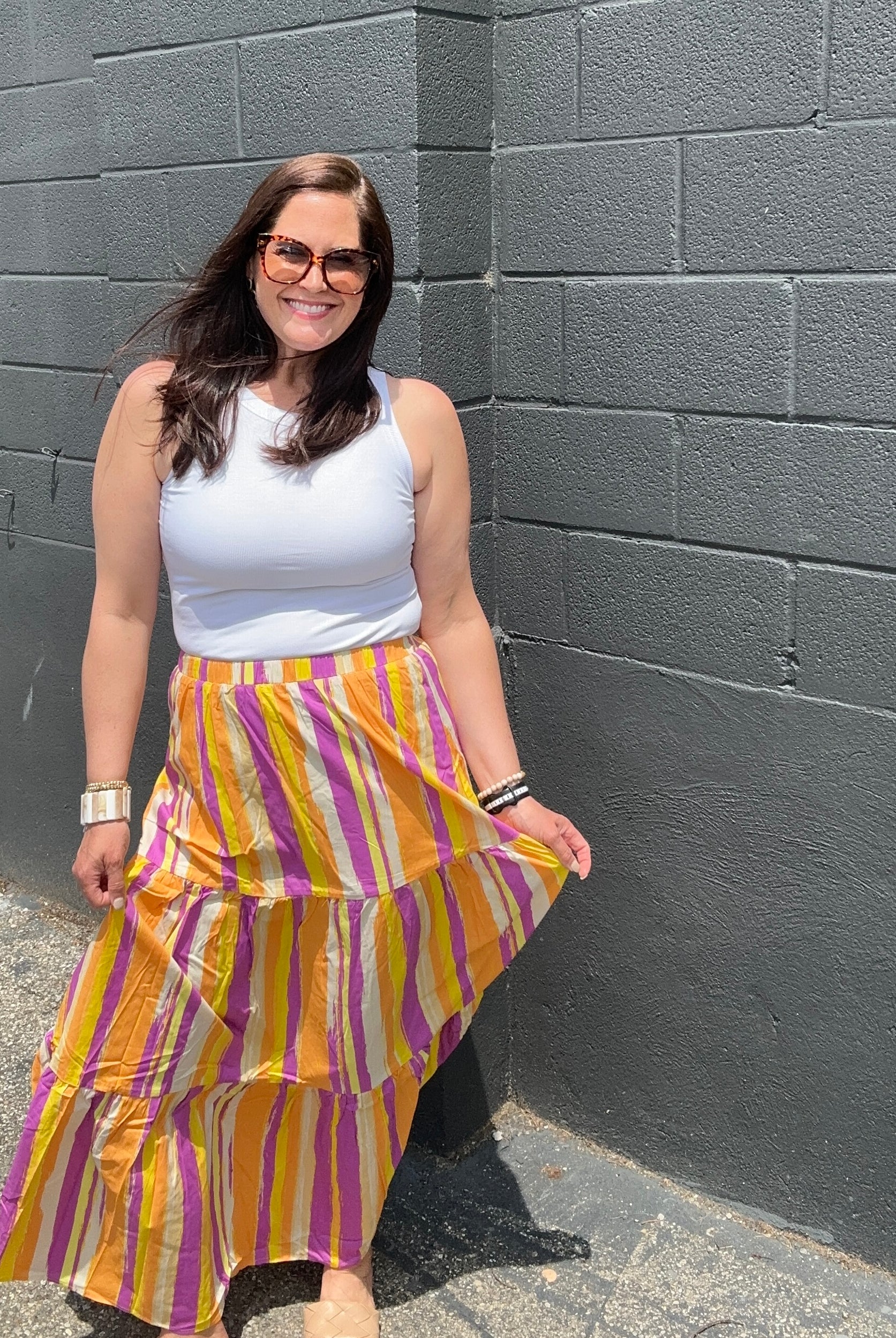 multi color orange ivory and purple stripe maxi skirt with elastic waist
