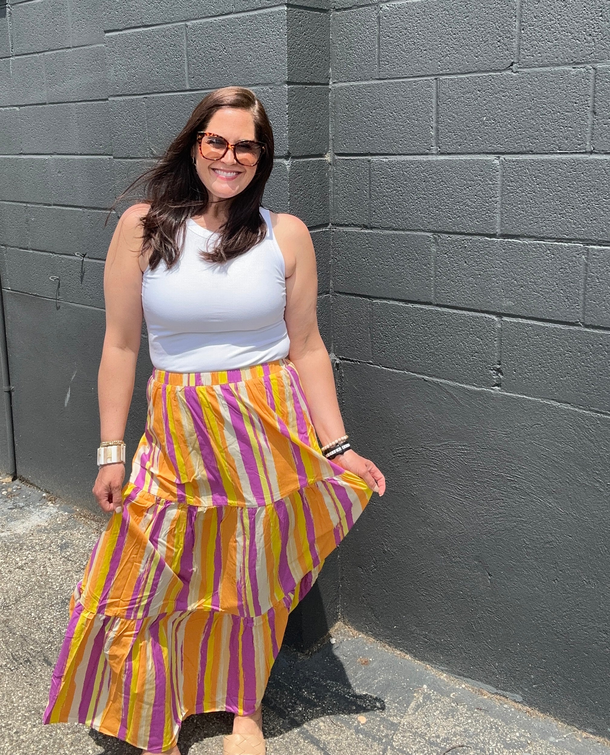 multi color orange ivory and purple stripe maxi skirt with elastic waist