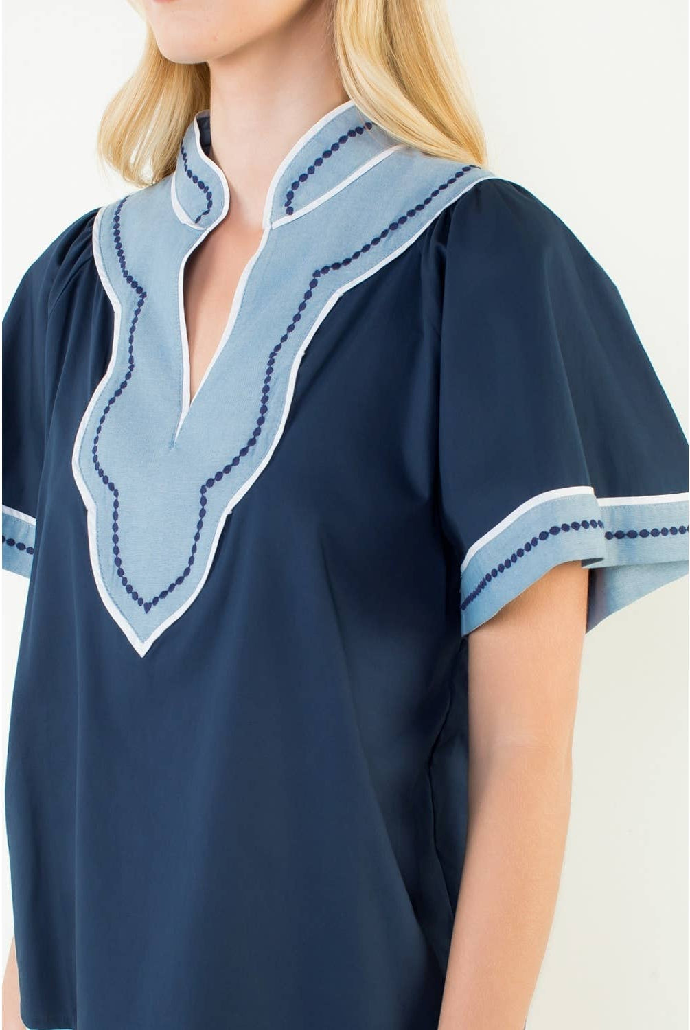Wide Sleeve Contrast Trim V-Neck Top - The Girl on Ivy