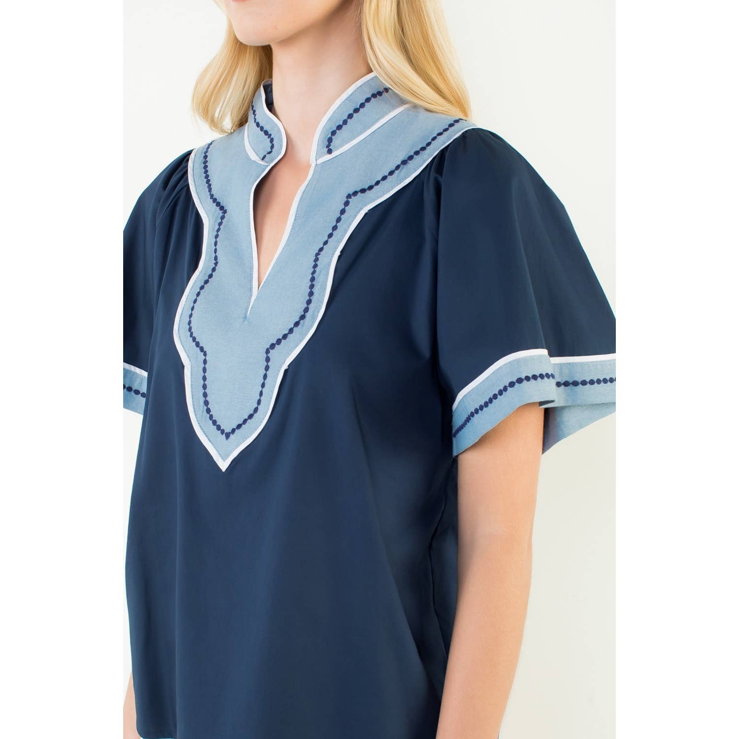 Wide Sleeve Contrast Trim V-Neck Top - The Girl on Ivy