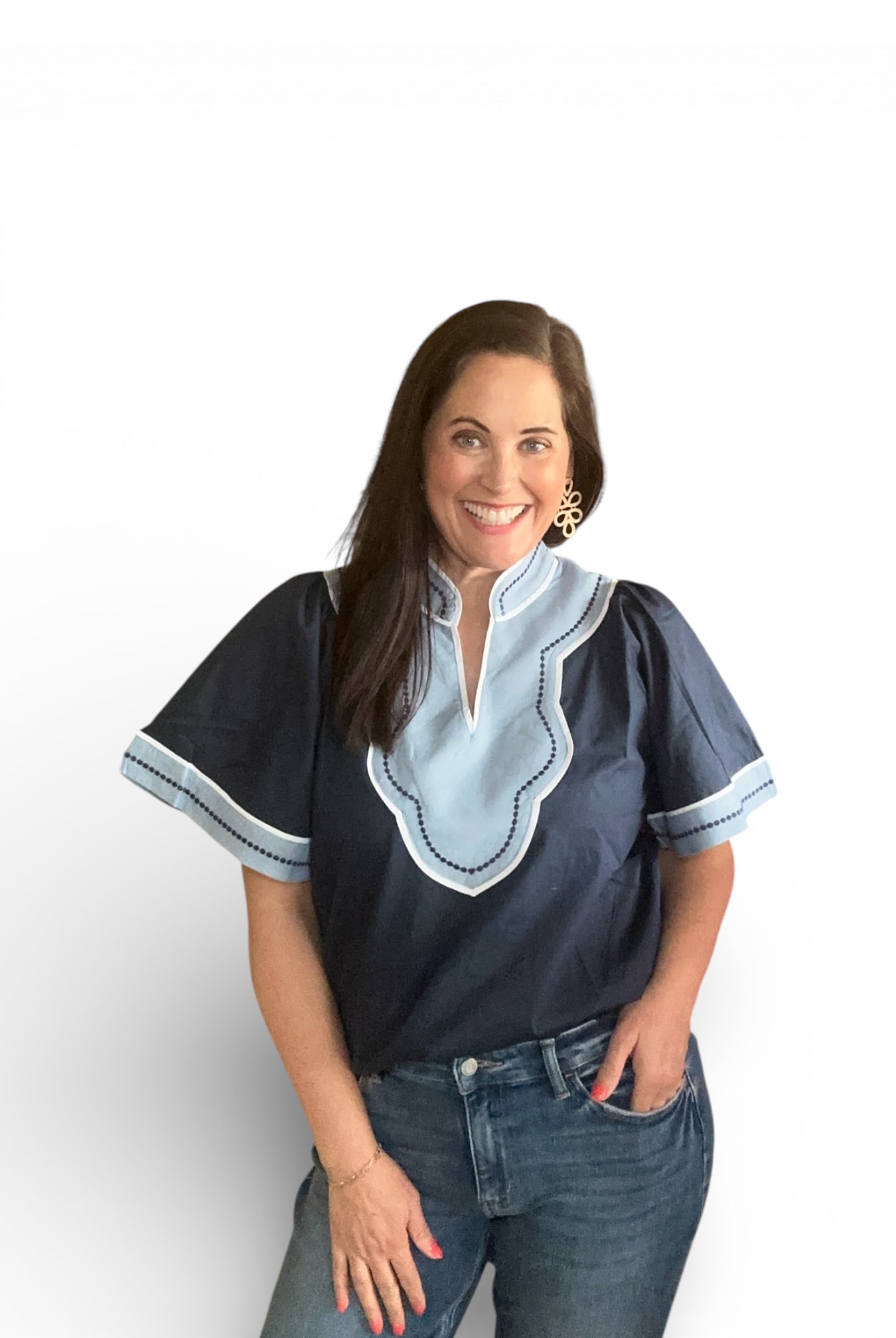Navy Wide Sleeve Contrast light blue Trim V-Neck Top