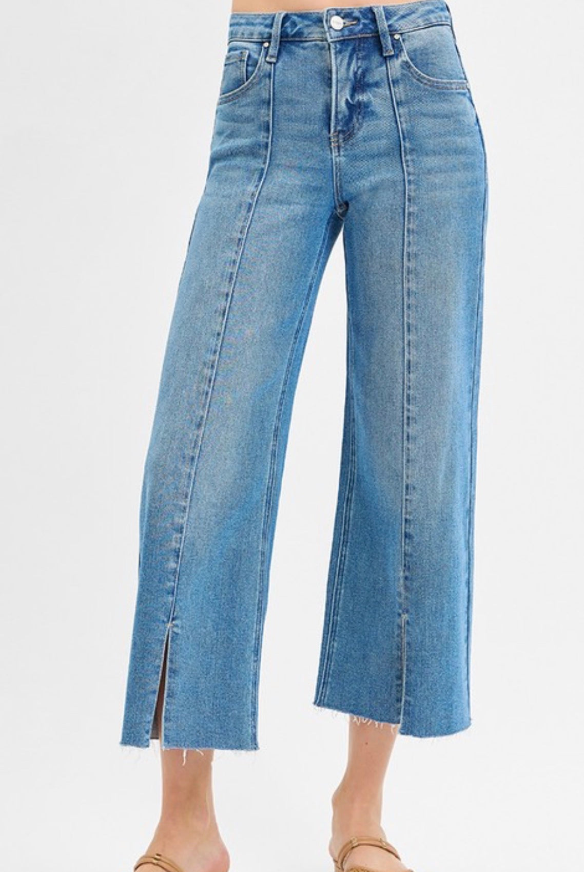 Risen Tummy Control Mid Rise Crop Wide Front Slit Jeans - The Girl on Ivy