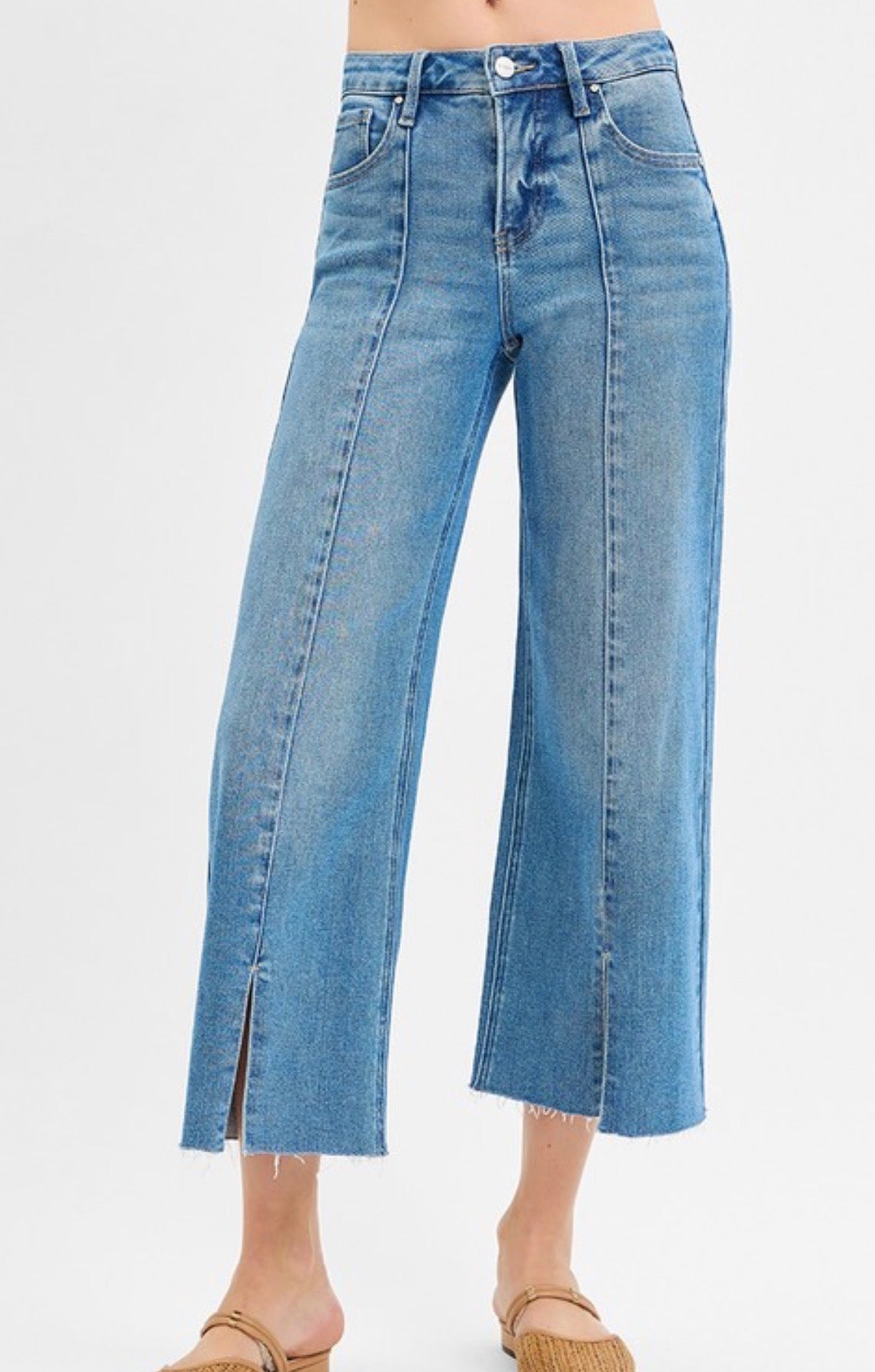 Risen Tummy Control Mid Rise Crop Wide Front Slit Jeans - The Girl on Ivy