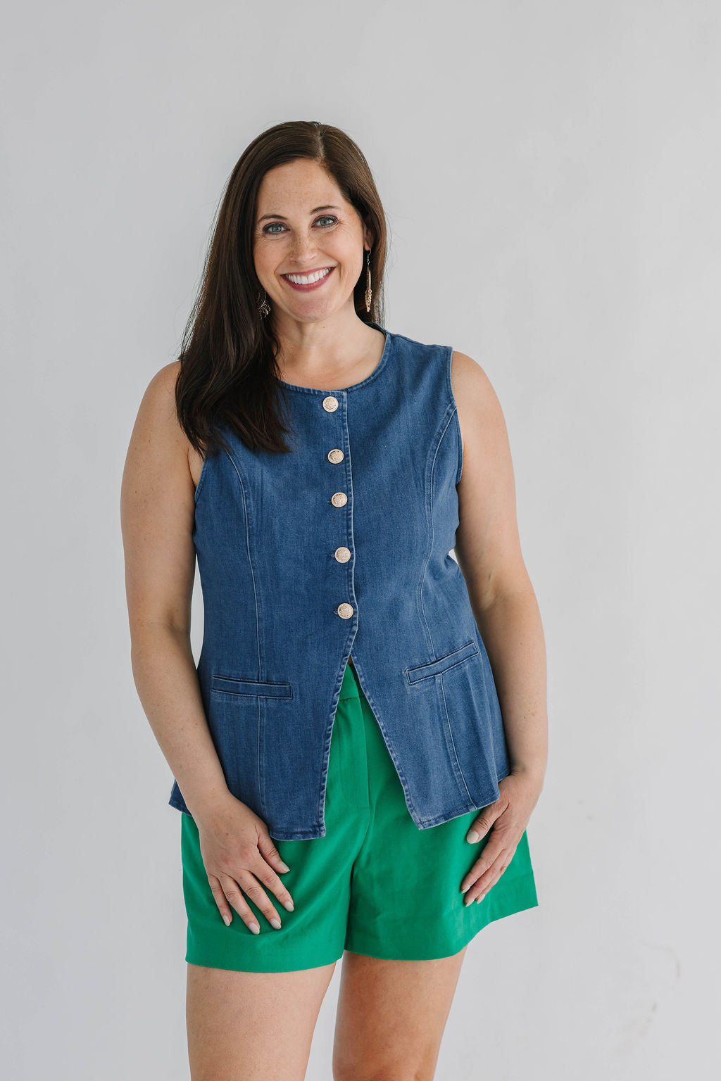 stretch denim vest with metal functional buttons