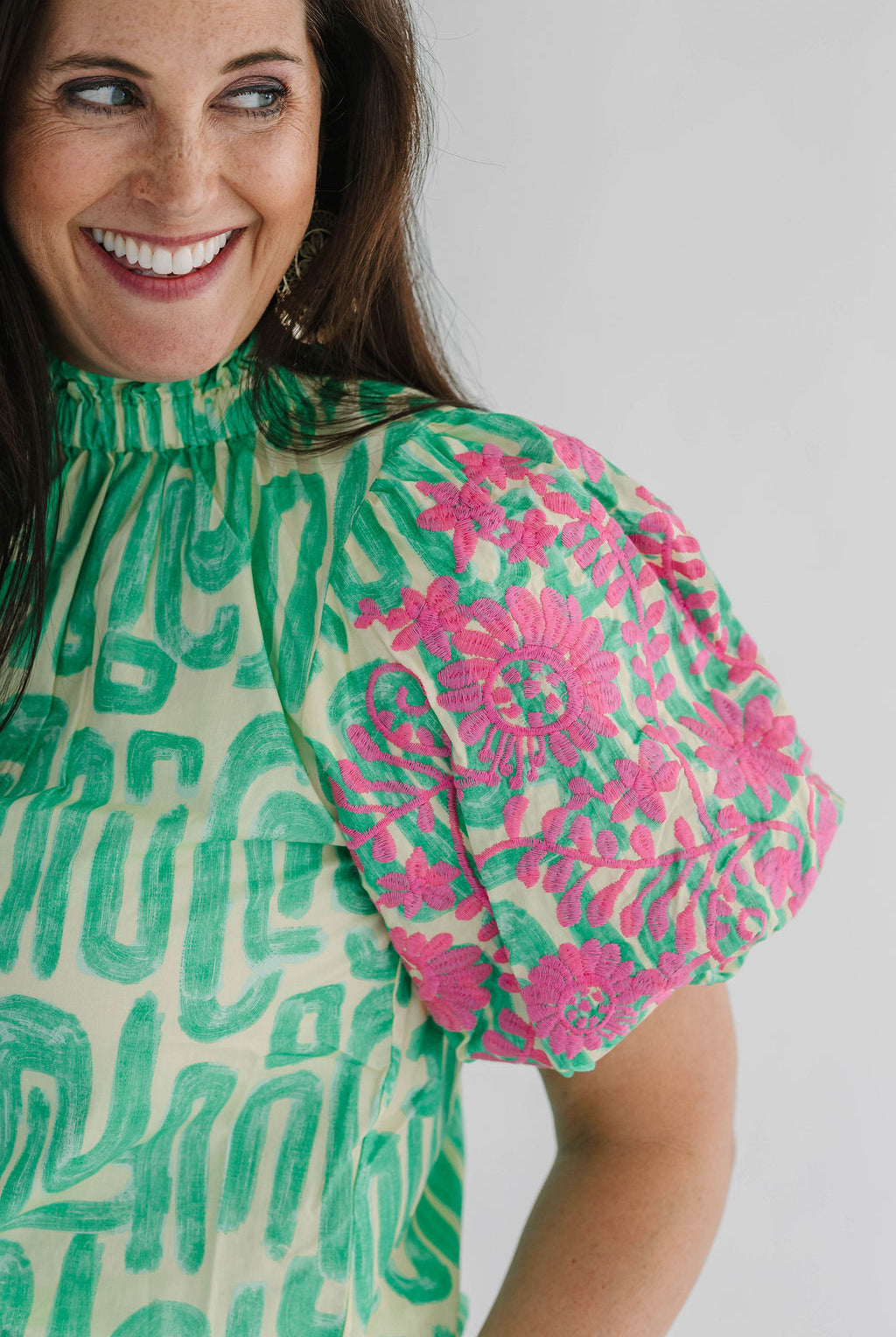 Embroidery Detail Puff Sleeve Abstract Pattern Top green and pink button back detail
