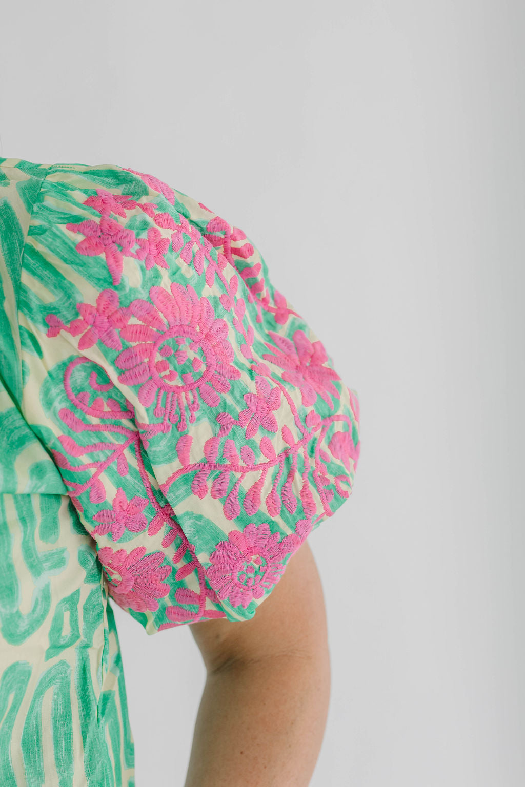 Evelyn Embroidery Detail Puff Sleeve Abstract Pattern Top - The Girl on Ivy