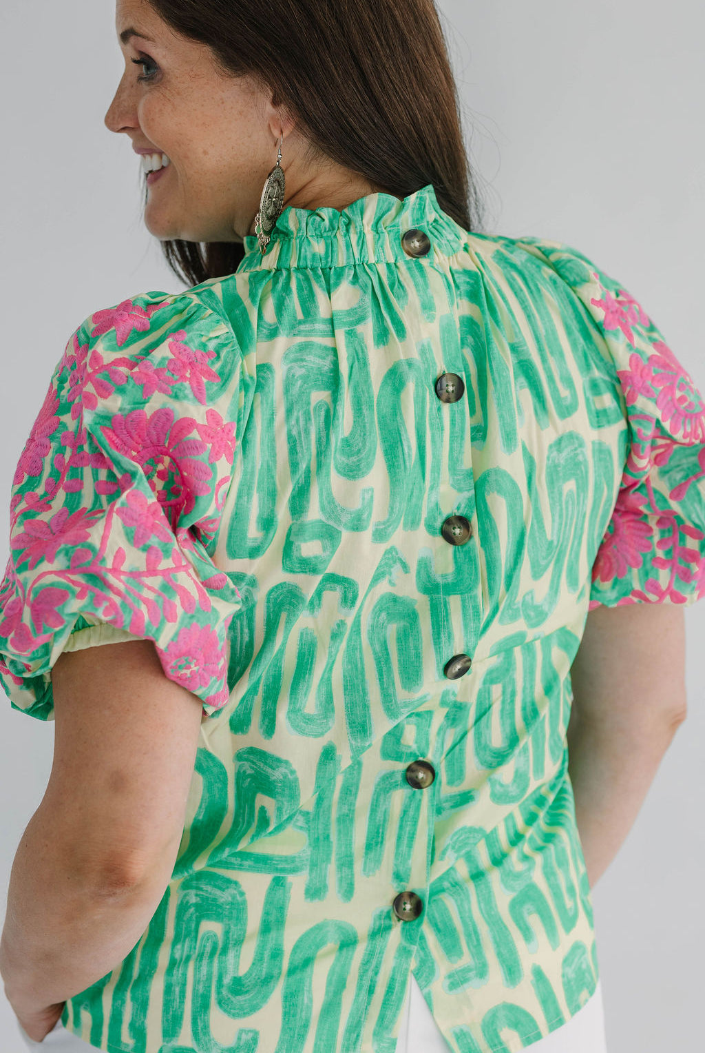 Evelyn Embroidery Detail Puff Sleeve Abstract Pattern Top - The Girl on Ivy