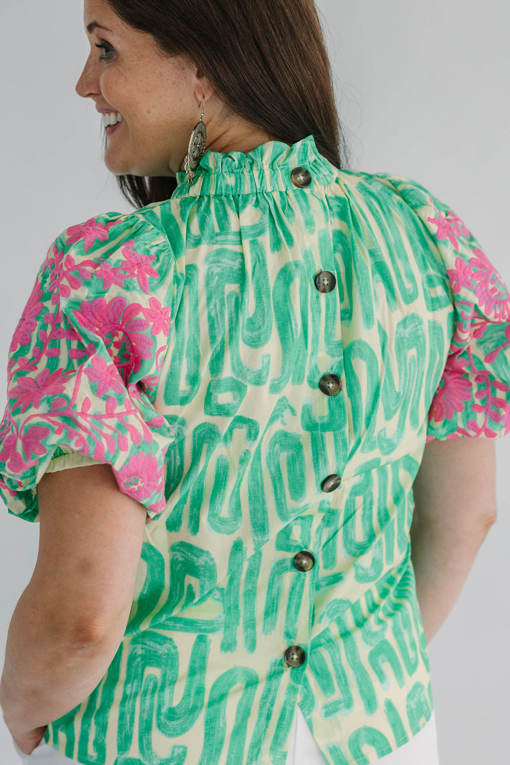 Evelyn Embroidery Detail Puff Sleeve Abstract Pattern Top - The Girl on Ivy