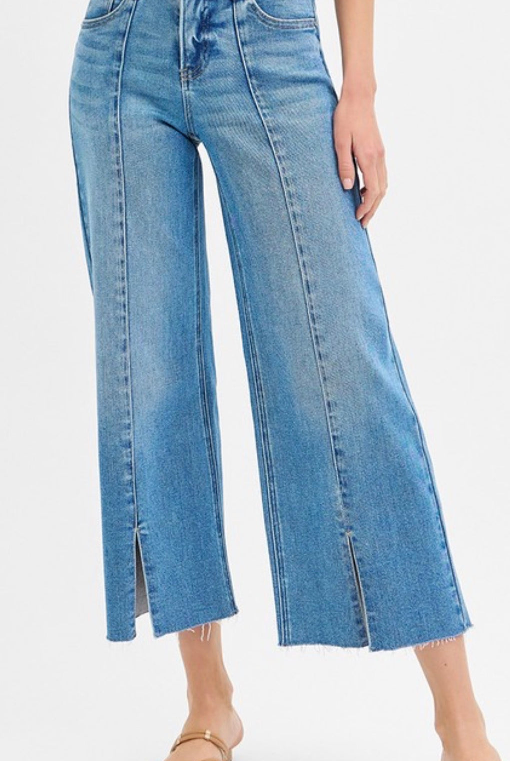 Risen Tummy Control Mid Rise Crop Wide Front Slit Jeans - The Girl on Ivy