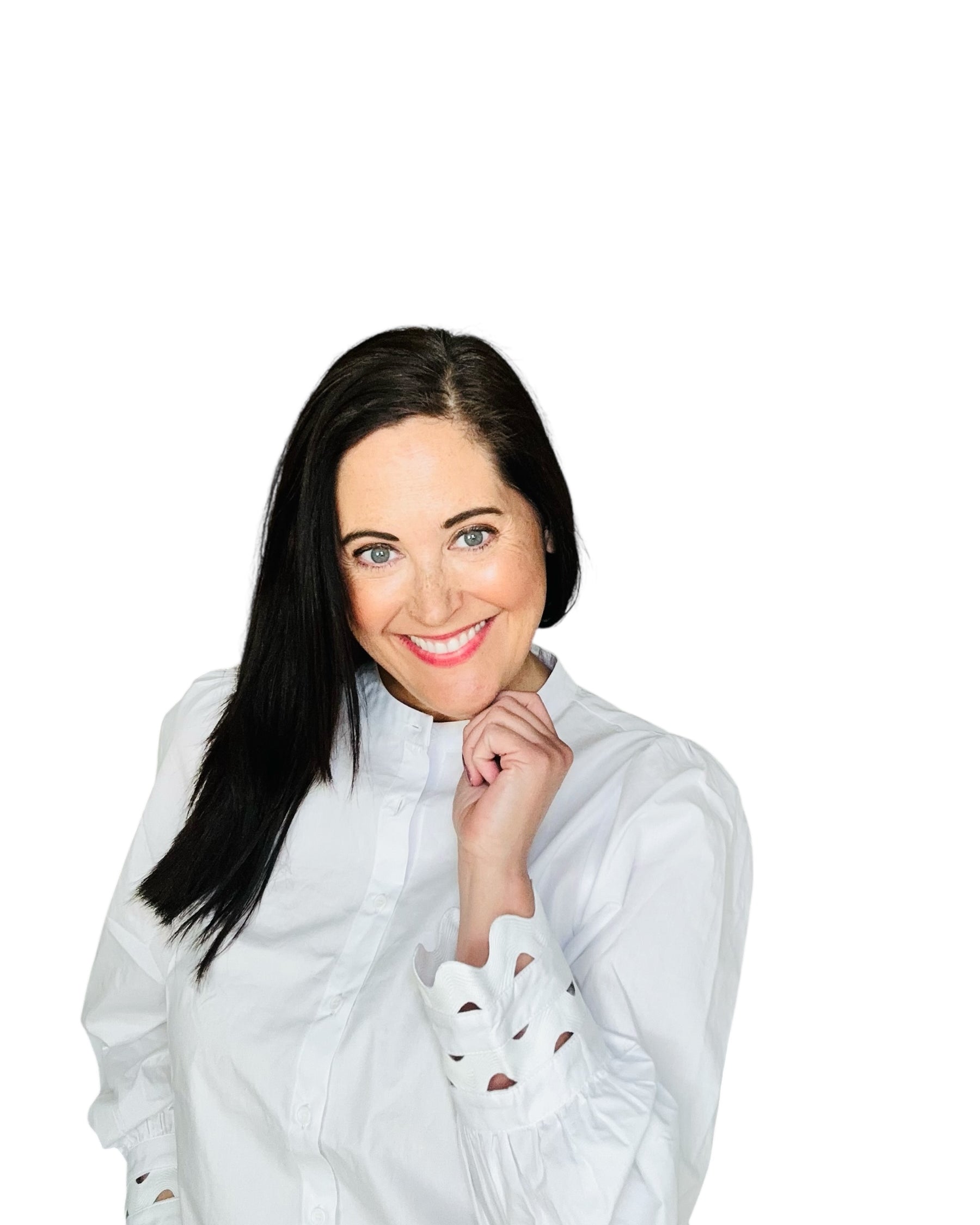 white button down blouse with cut-out detail at wrist. Also available in kelly green