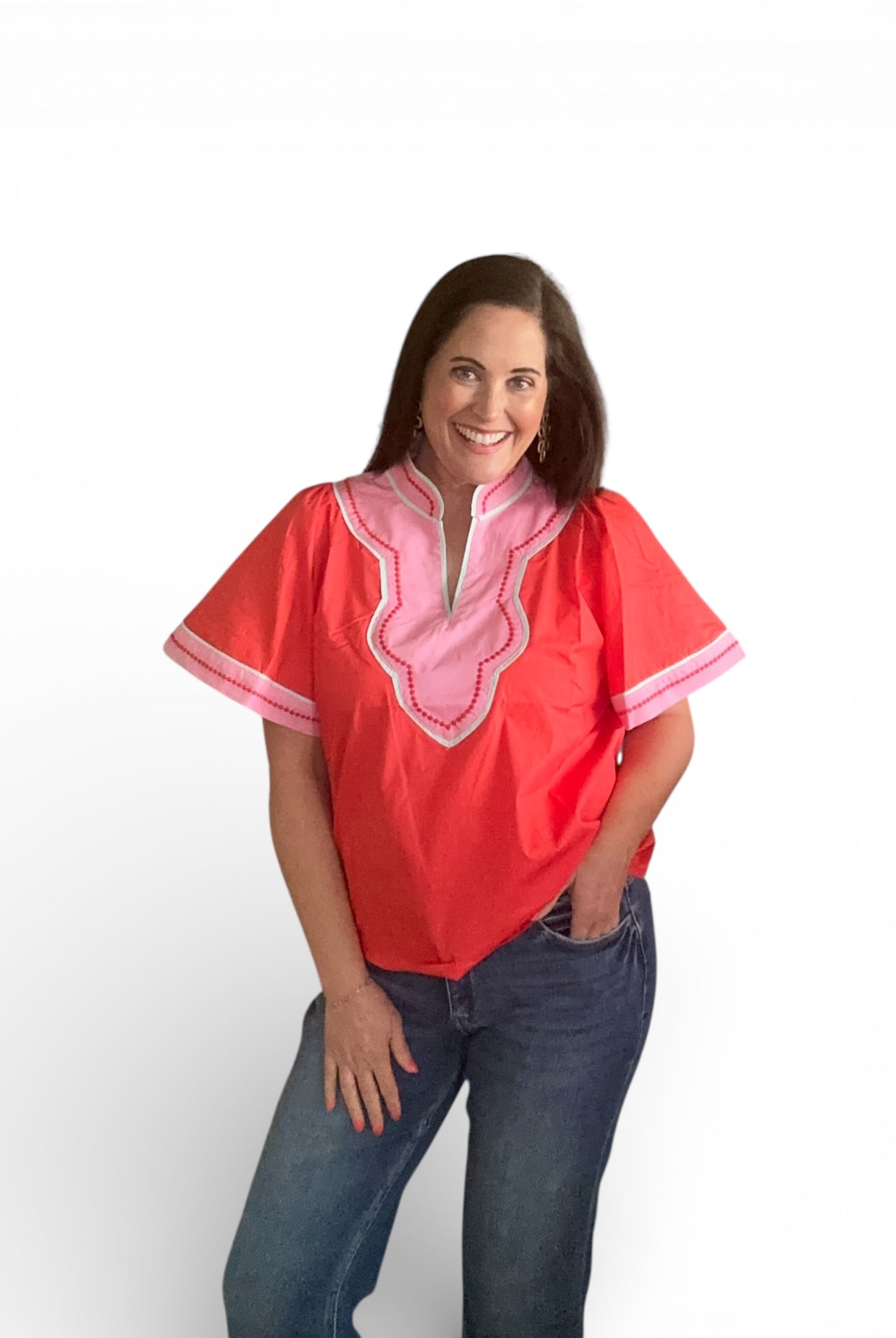 Red Contrast pink Trim Wide Sleeve V-Neck Top