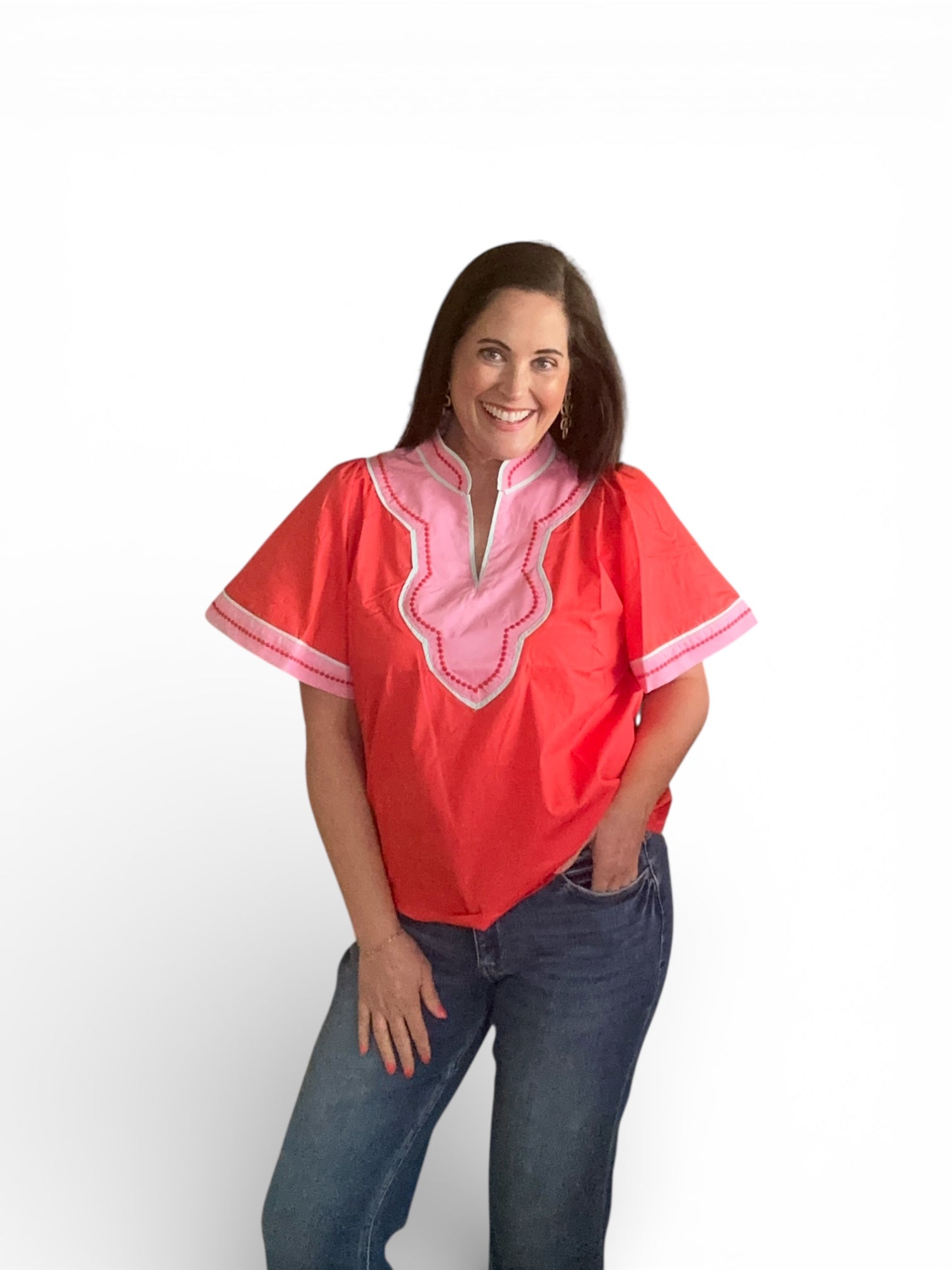 Red Contrast pink Trim Wide Sleeve V-Neck Top