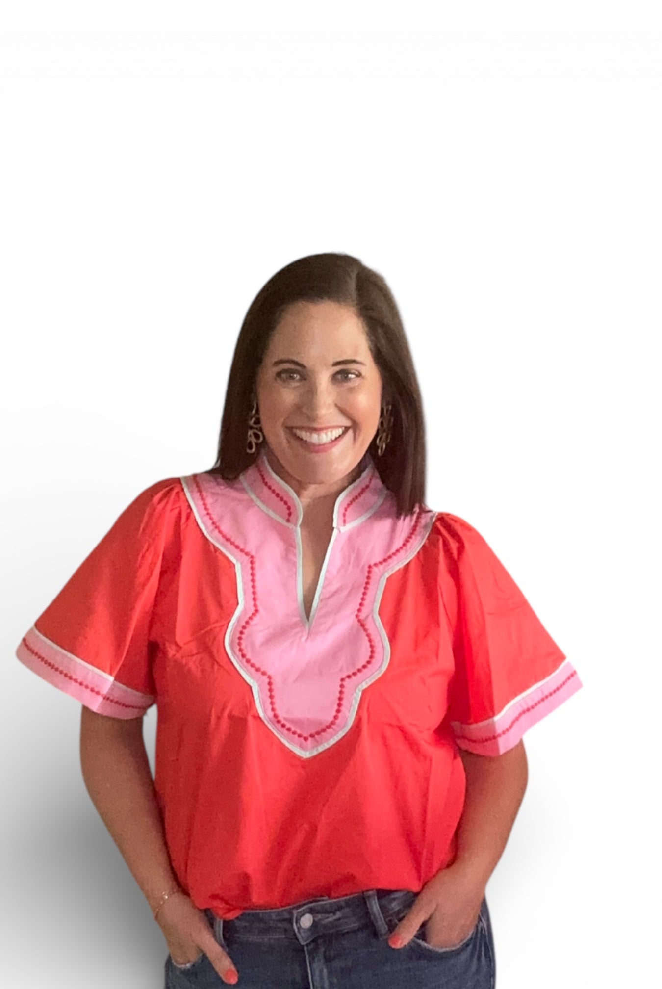 Contrast Trim Wide Sleeve V-Neck Top - The Girl on Ivy
