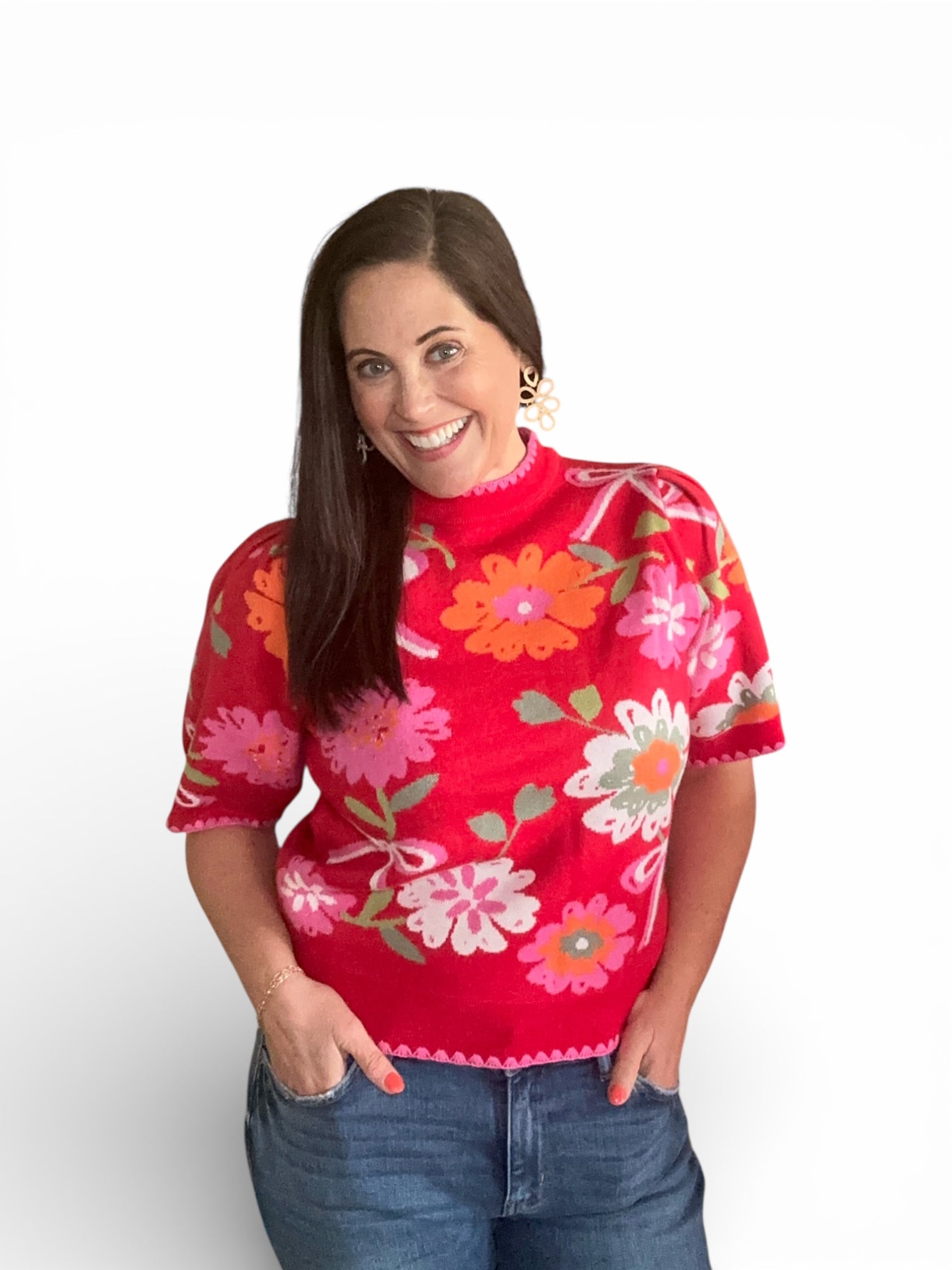 Red Short Sleeve Multi color Floral Detail Knit Top