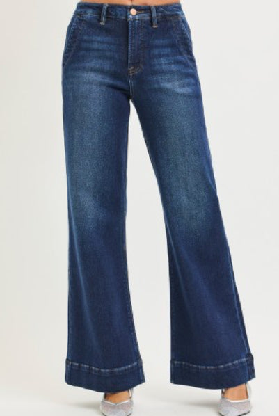 Tummy Control Hi Rise Wide Flare with Wide Hem Dark Wash - The Girl on Ivy
