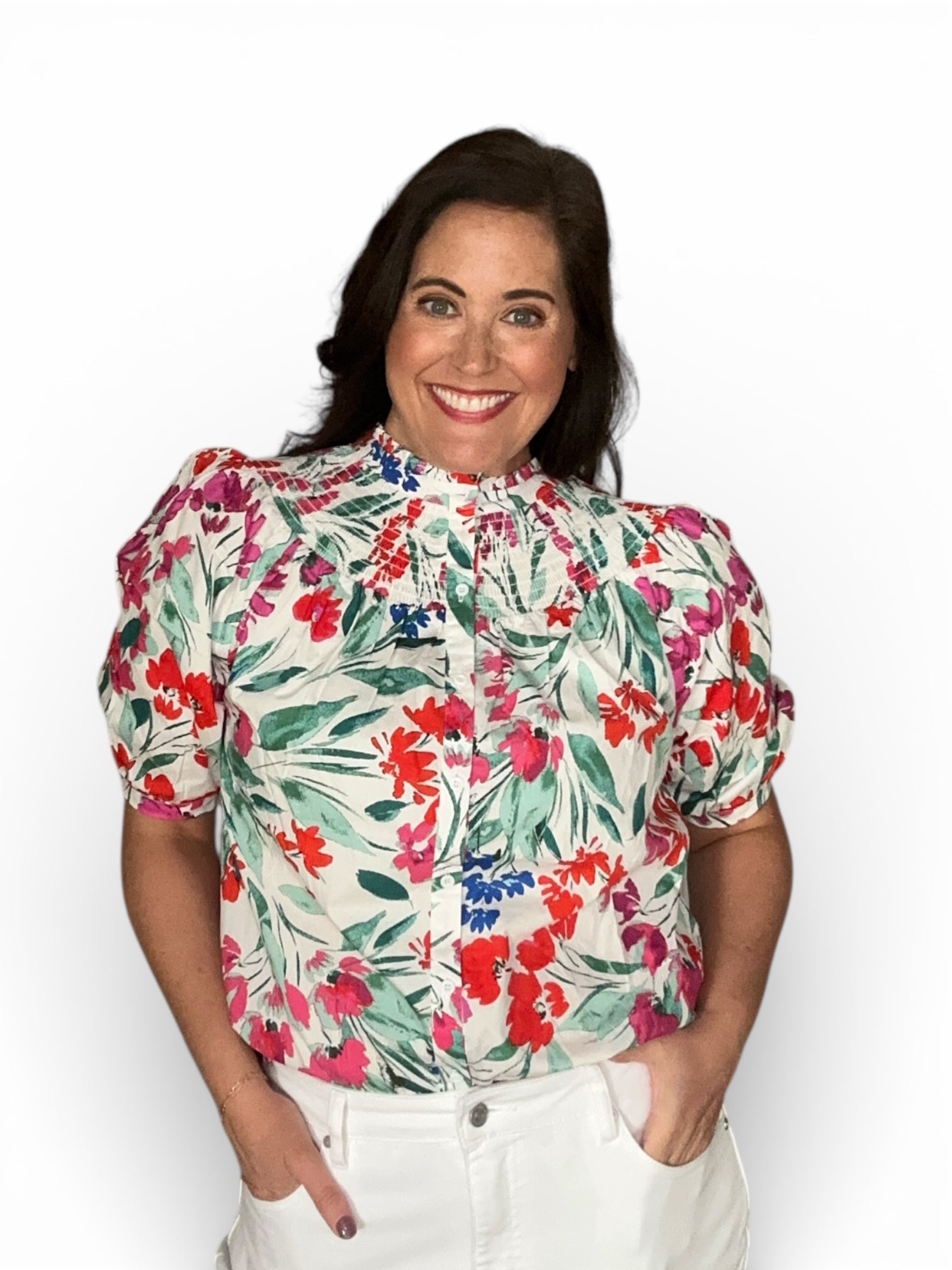 colorful floral button front short sleeve blouse with smock neck