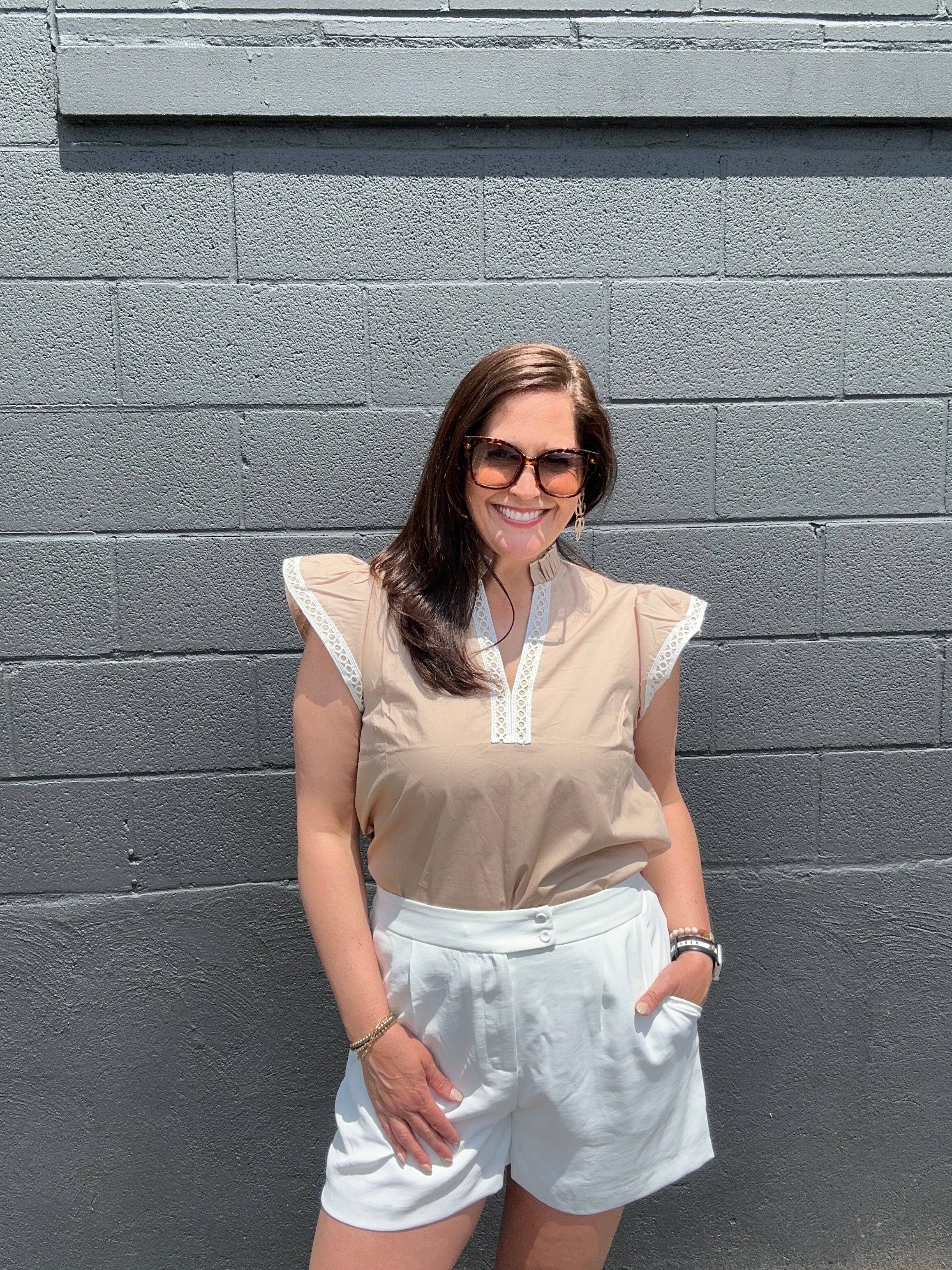 tan short sleeve v-neck top with white trim and flutter sleeve Solid Woven Top