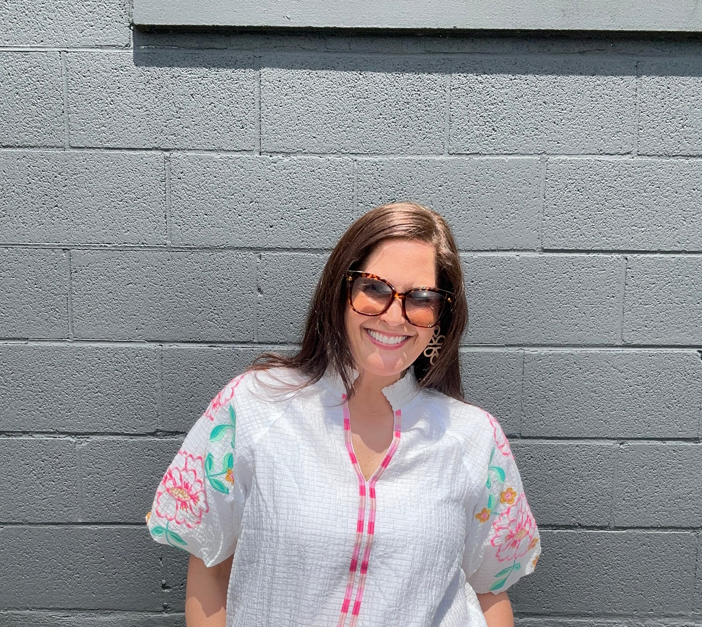white v-neck stand collar short puff sleeve with pink and green flower embroidered detail