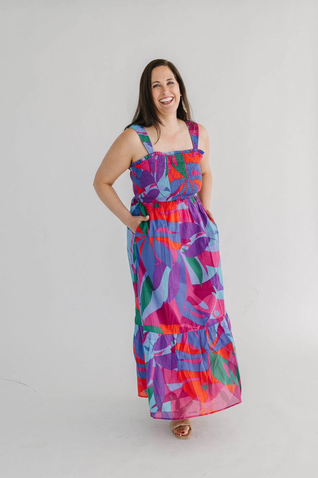 colorful abstract patterned maxi dress with smocked chest and thick straps