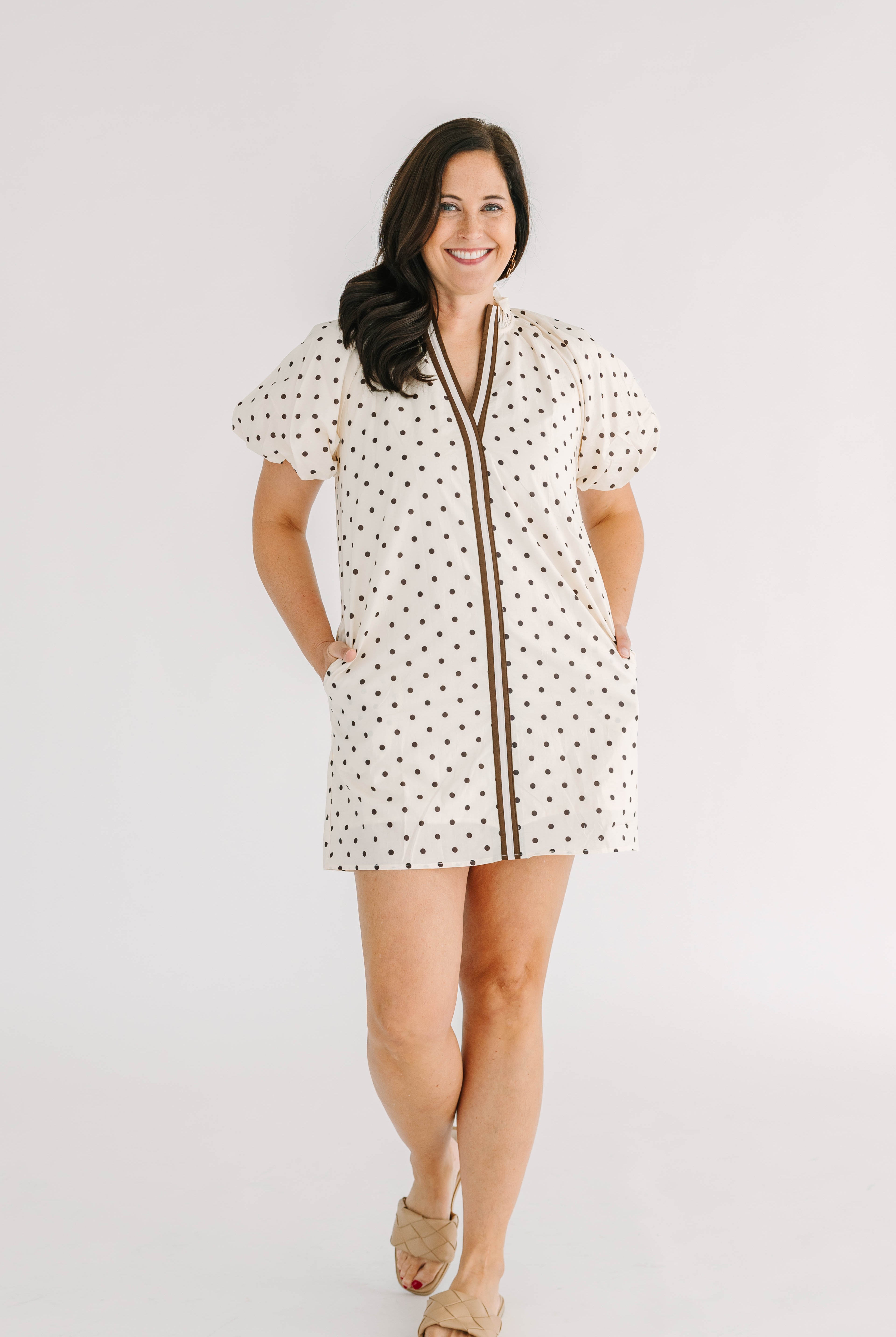 ecru mini dress with brown polka dots and stripe trim puff sleeves v-neck and pockets
