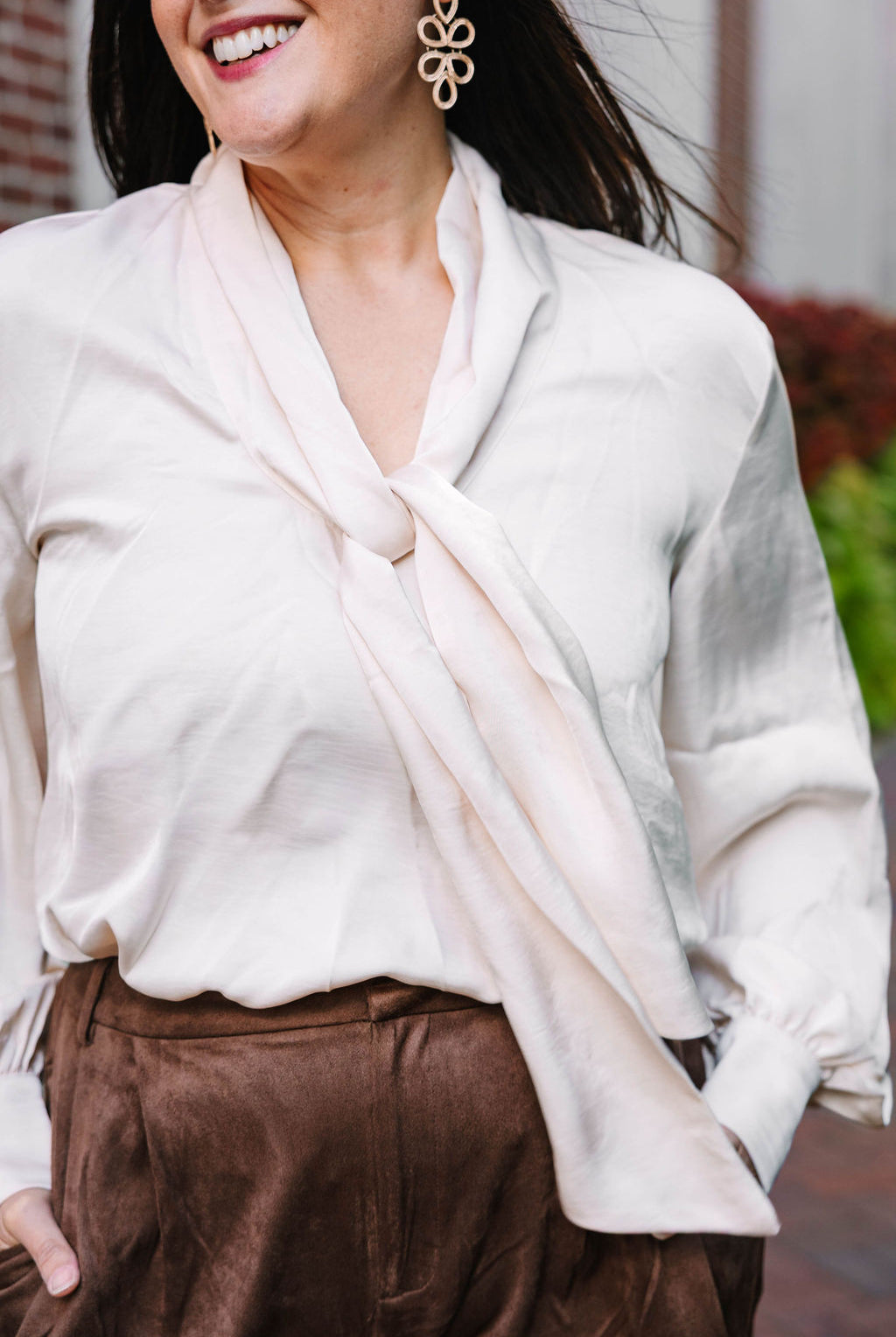 champagne tie neck long sleeve satin blouse