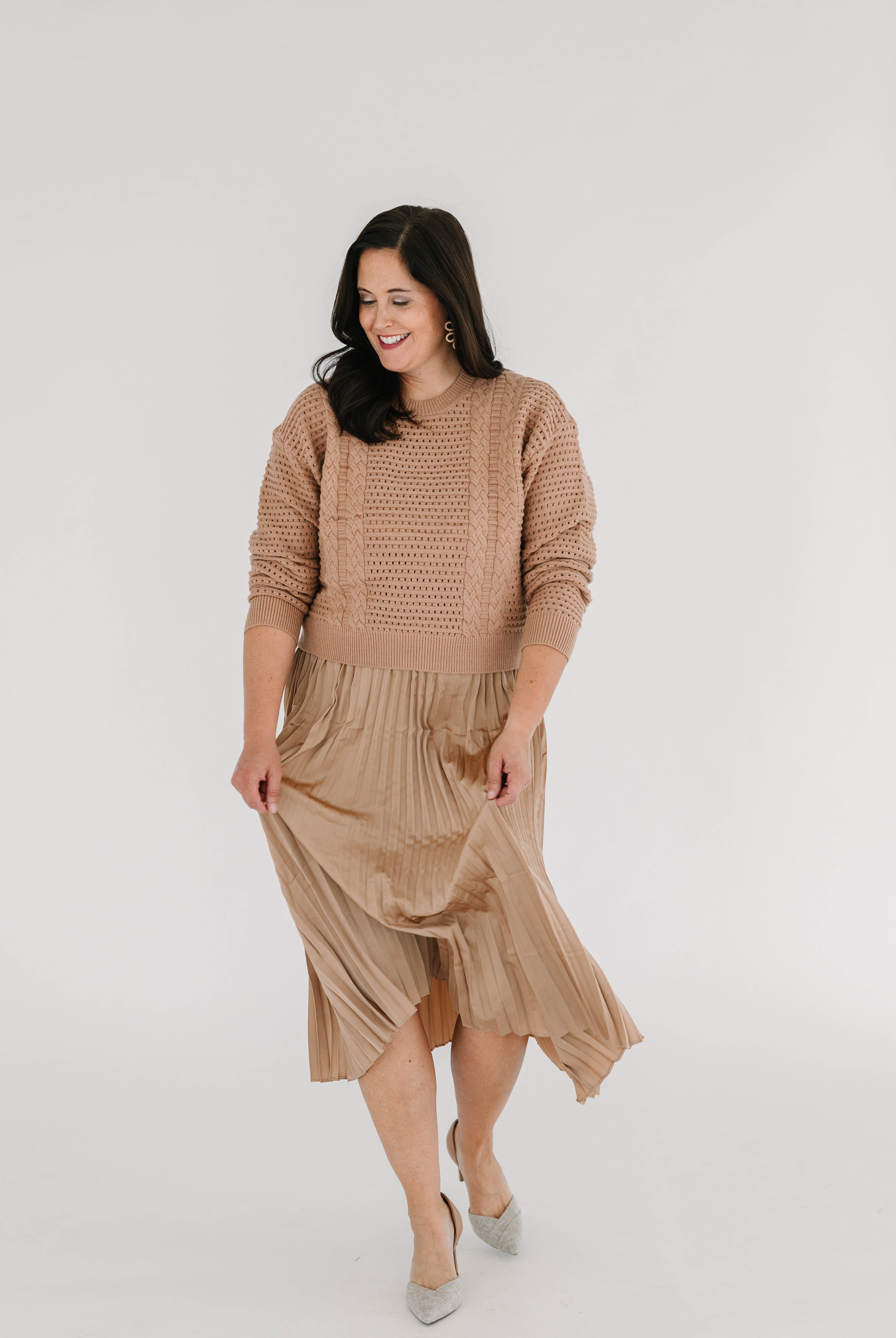 dress and sweater set in taupe grey, tan, or mulberry satin v-neck elastic waist dress with pleated midi skirt and matching knit sweater.