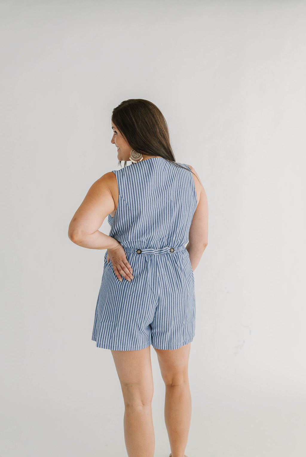 Sandy Striped City Wrap Button Romper - The Girl on Ivy