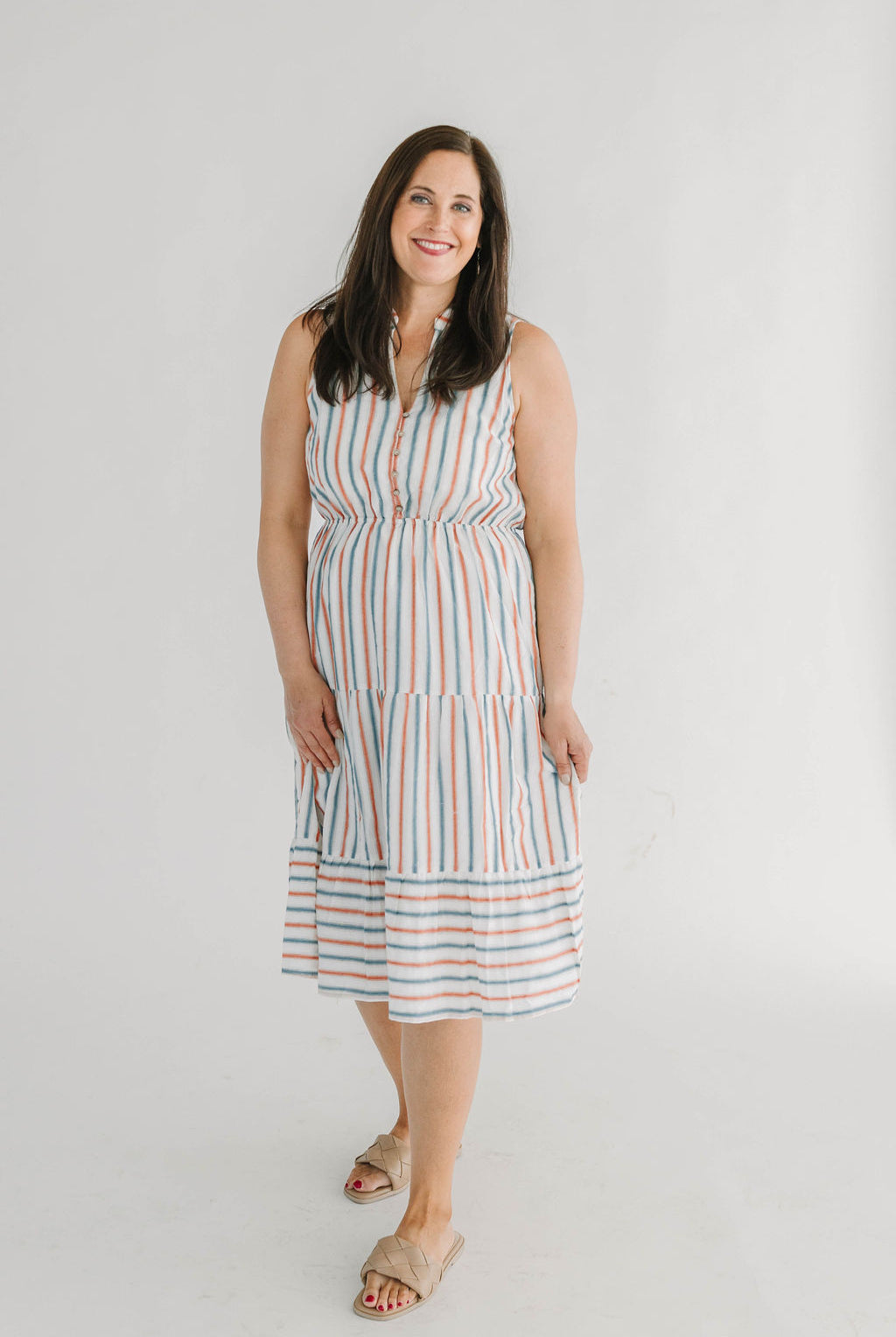 Striped Button Front 100%Cotton Tired Midi Dress - The Girl on Ivy