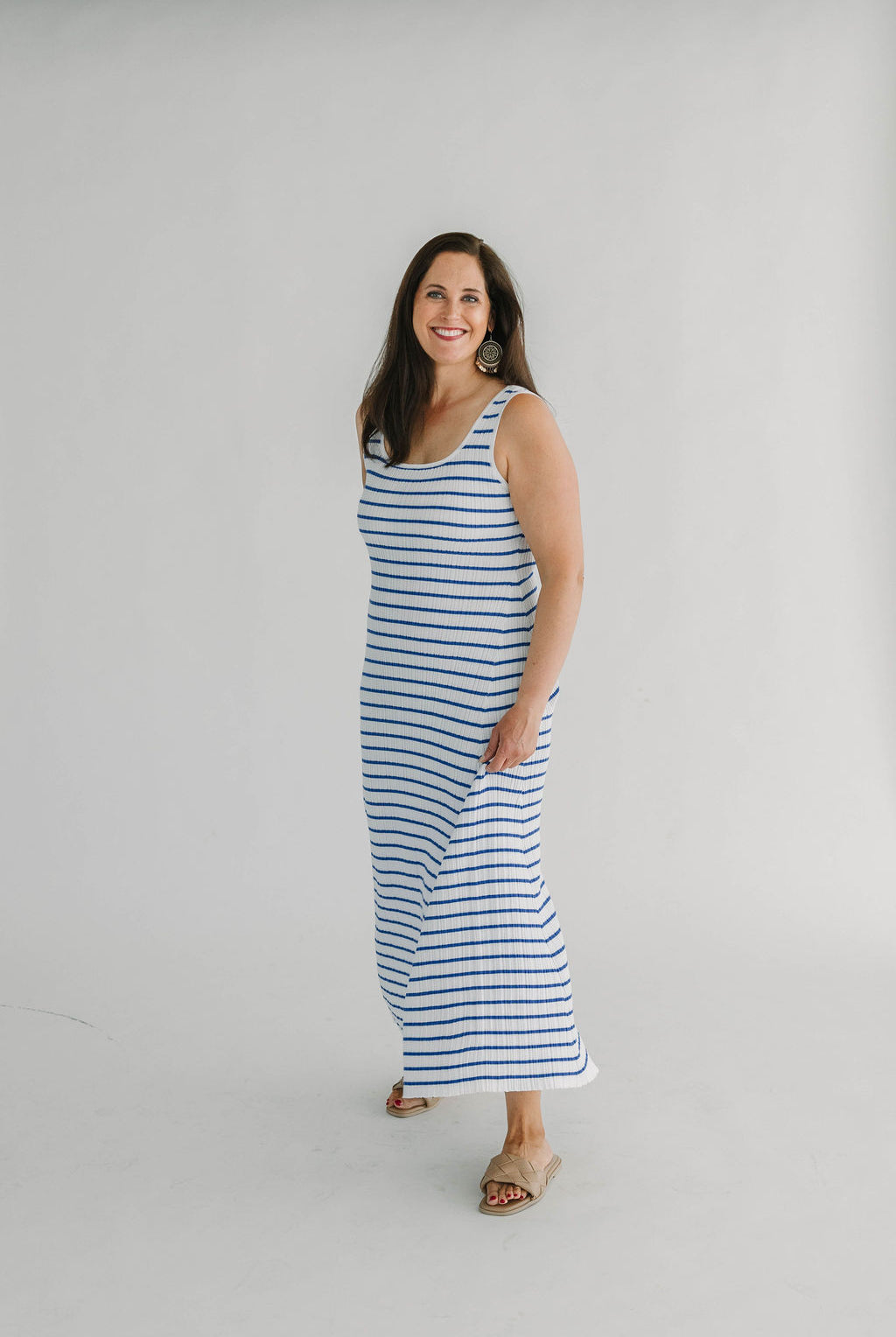 Blue and white stripe knit tank maxi dress