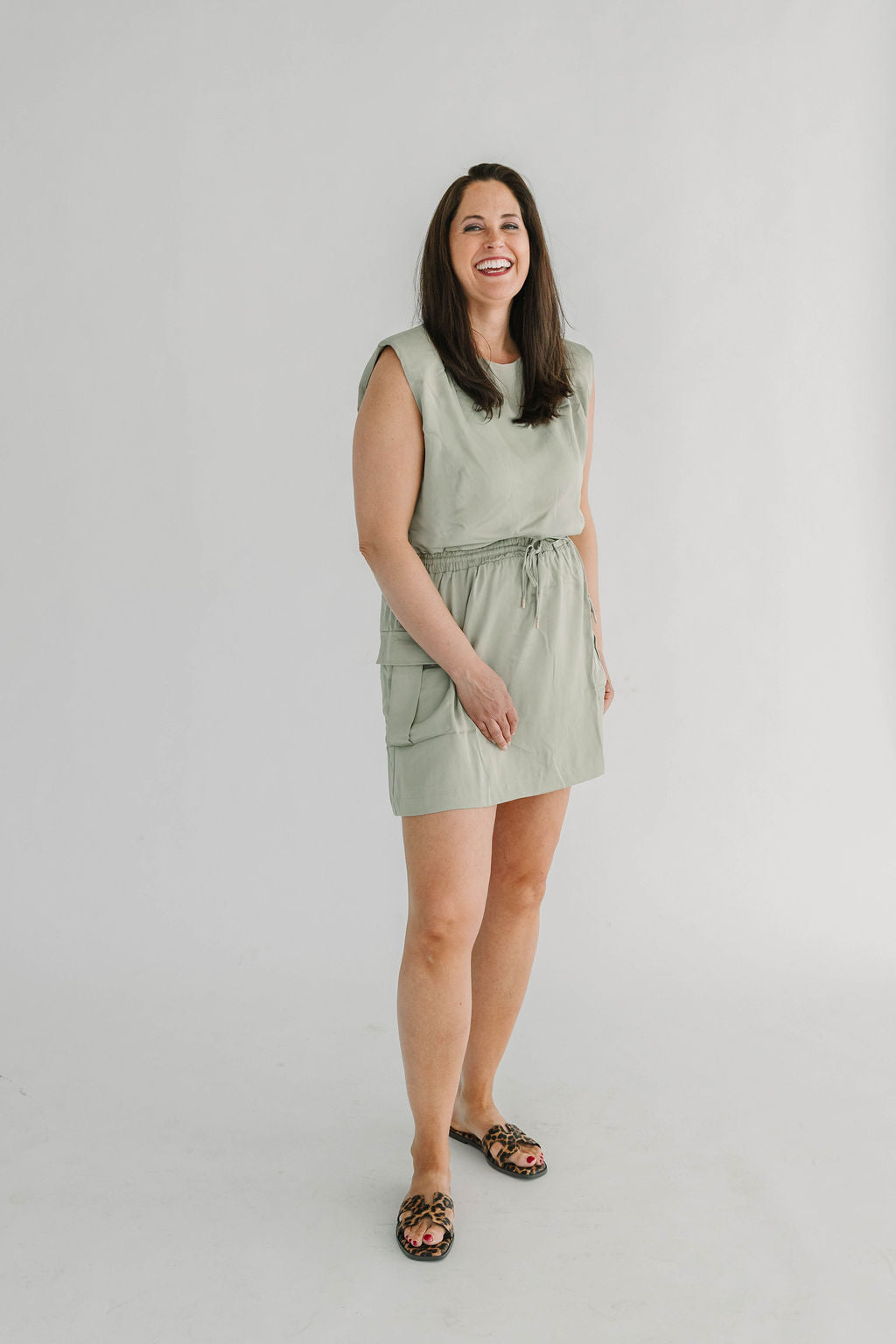 Sage Muscle Utility Mini Dress with elastic tie waist