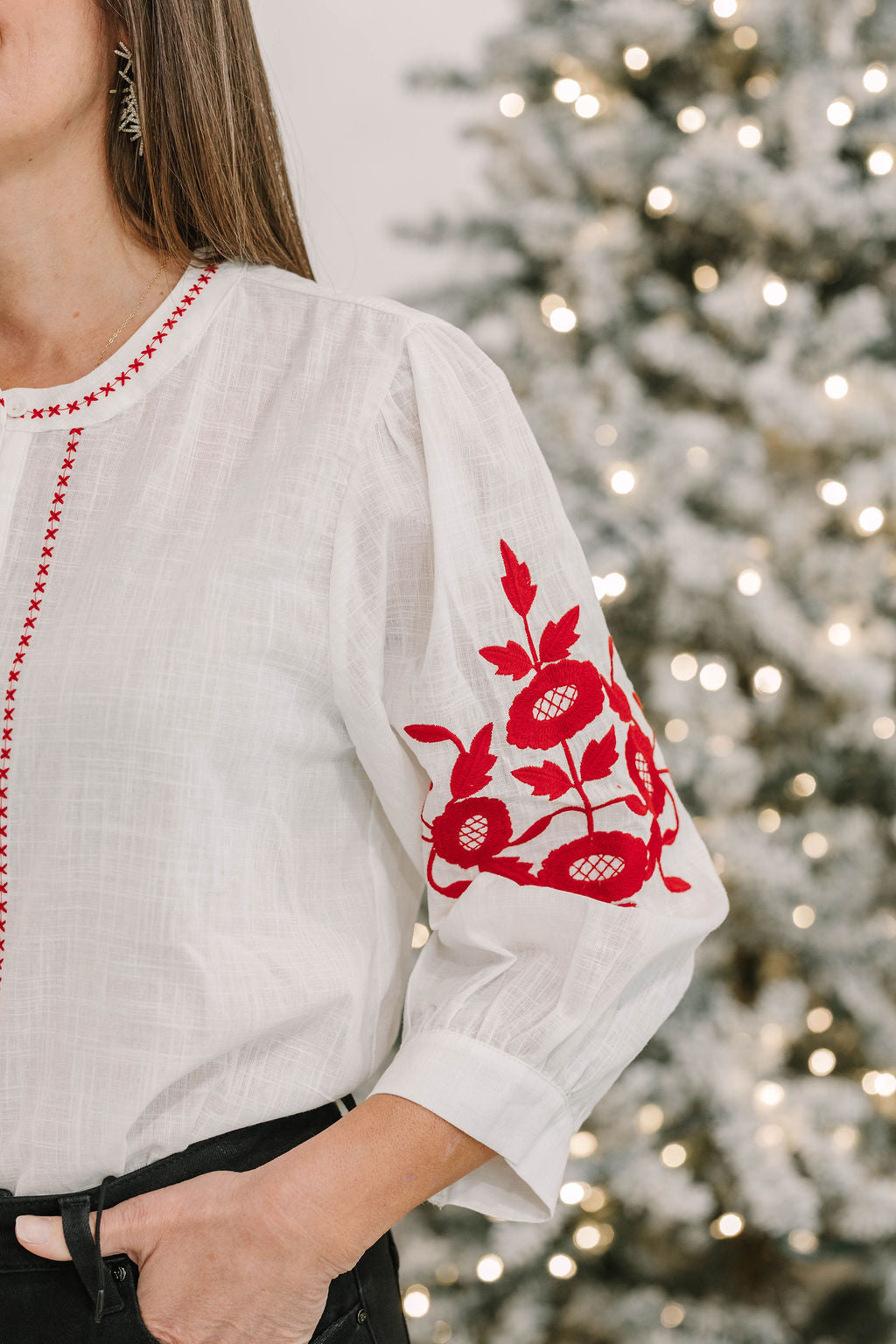 Floral Embroidered Detailing 100%Cotton Blouse - The Girl on Ivy