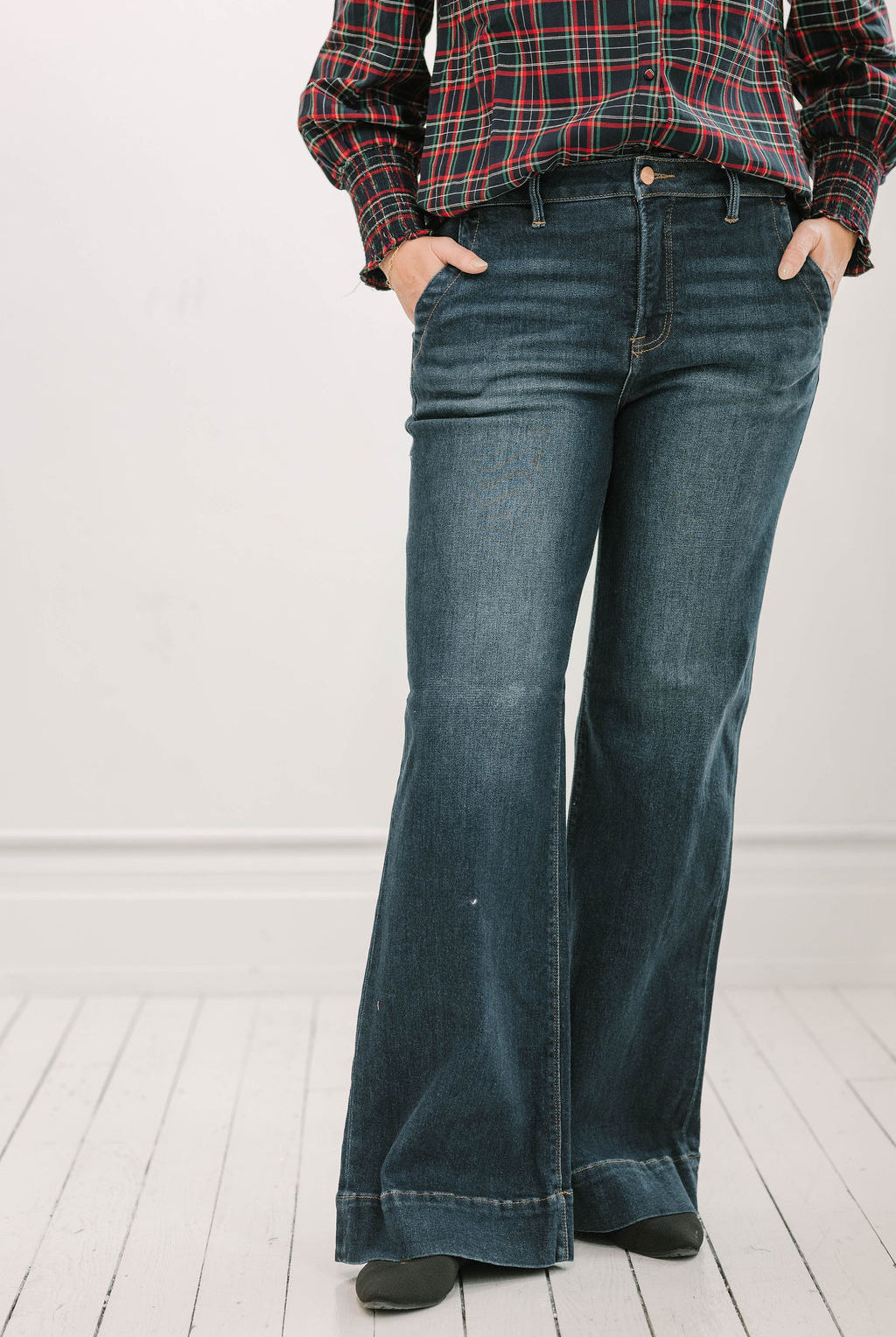 Tummy Control Hi Rise Wide Flare with Wide Hem Dark Wash - The Girl on Ivy