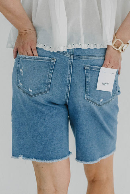 High Rise Raw Hem Bermuda Shorts - The Girl on Ivy