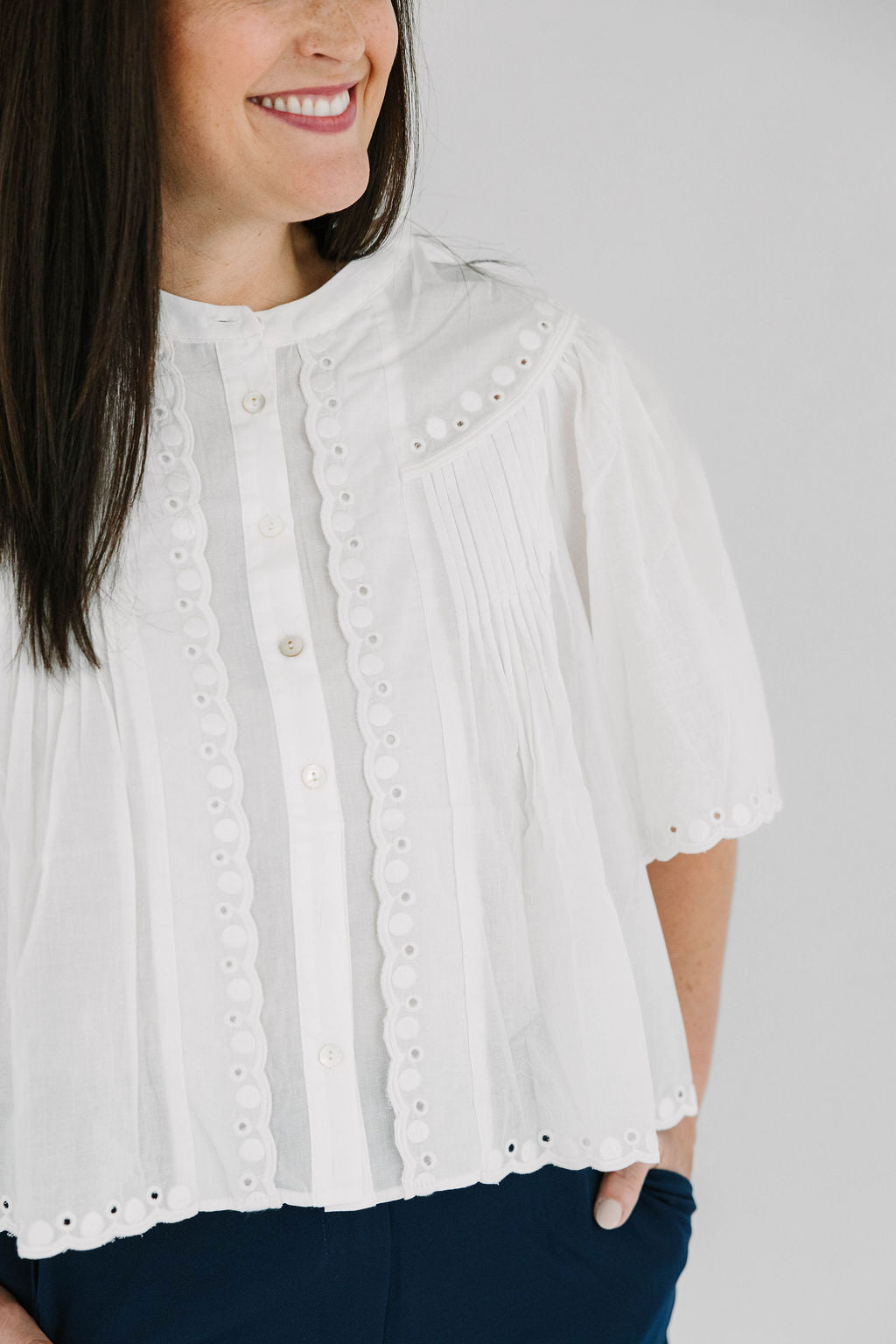 white Eyelet Trimmed Button Down short flutter sleeve Shirt -