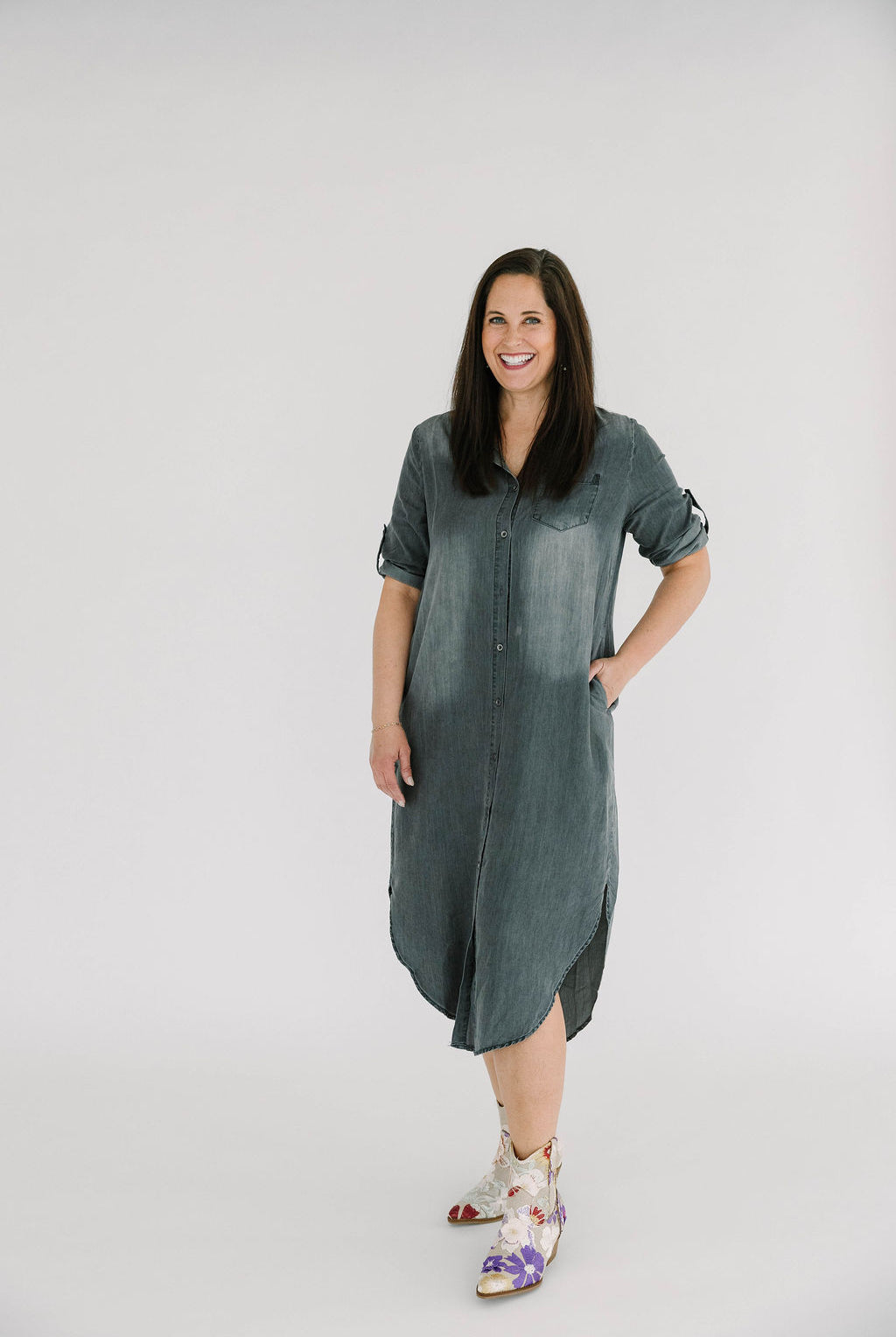 Danielle Roll Tab 3/4 Sleeve Tencel Denim Shirt Midi Dress - The Girl on Ivy