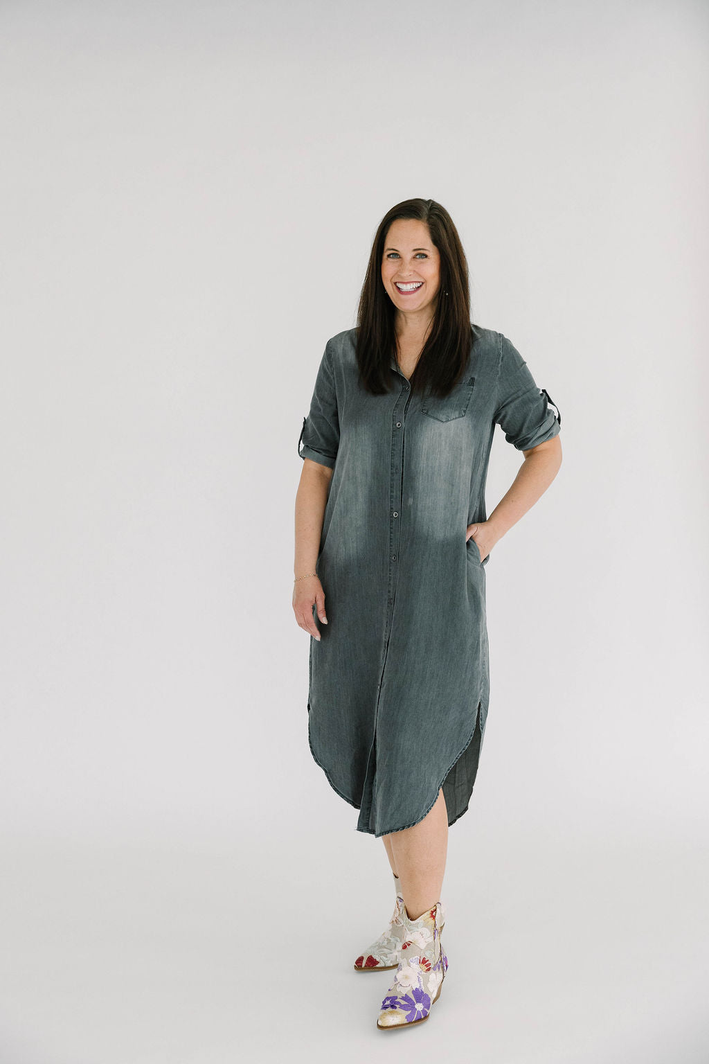 Danielle Roll Tab 3/4 Sleeve Tencel Denim Shirt Midi Dress - The Girl on Ivy