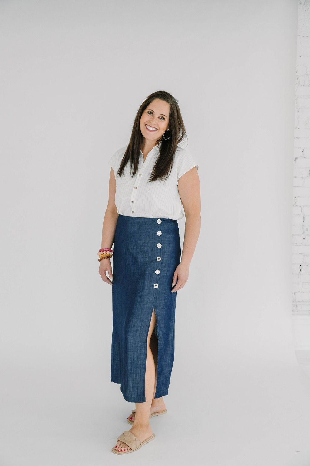 Blue Long Side Button Slit Skirt