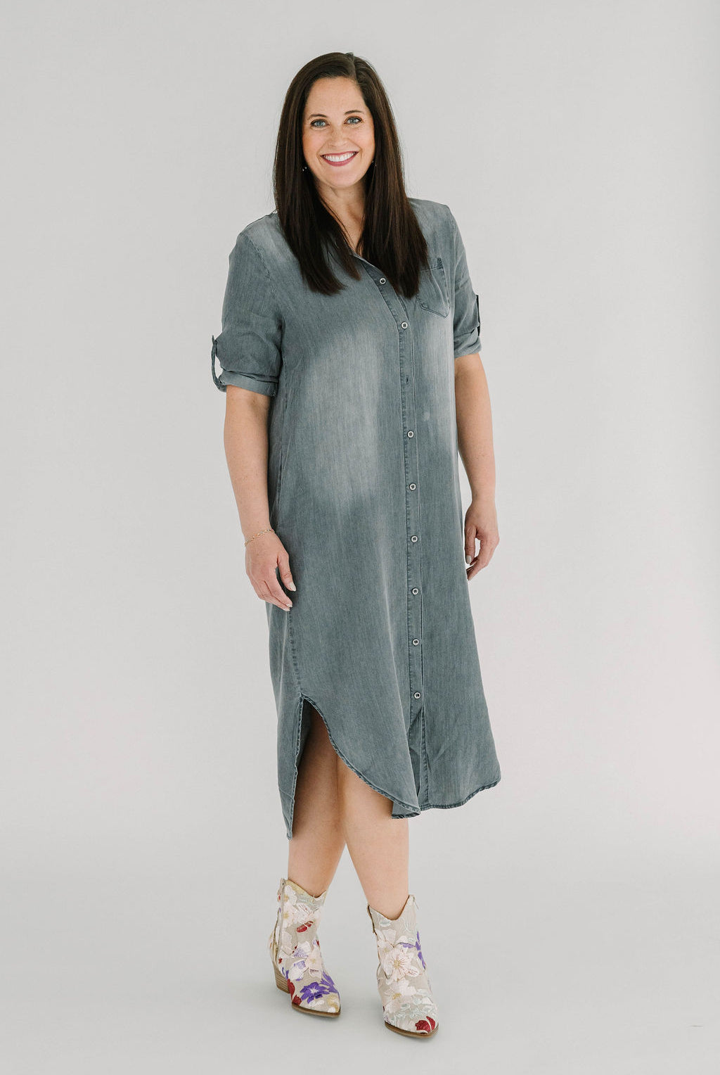 Danielle Roll Tab 3/4 Sleeve Tencel Denim Shirt Midi Dress - The Girl on Ivy