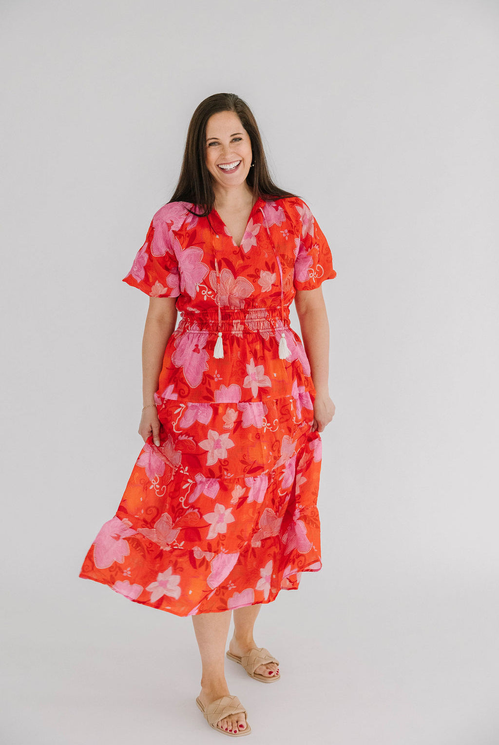 Floral short Puff Sleeve Tiered Maxi Dress with elastic waist and tie neck detail