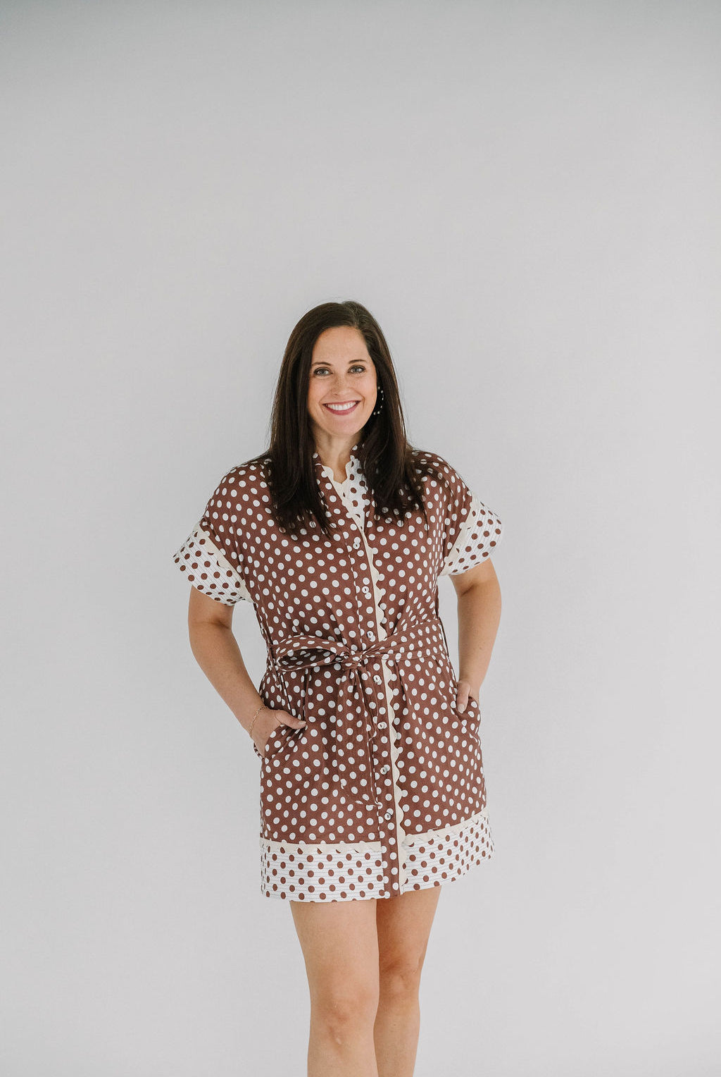 brown and white Short Sleeve Polka Dot Dress with belted waist