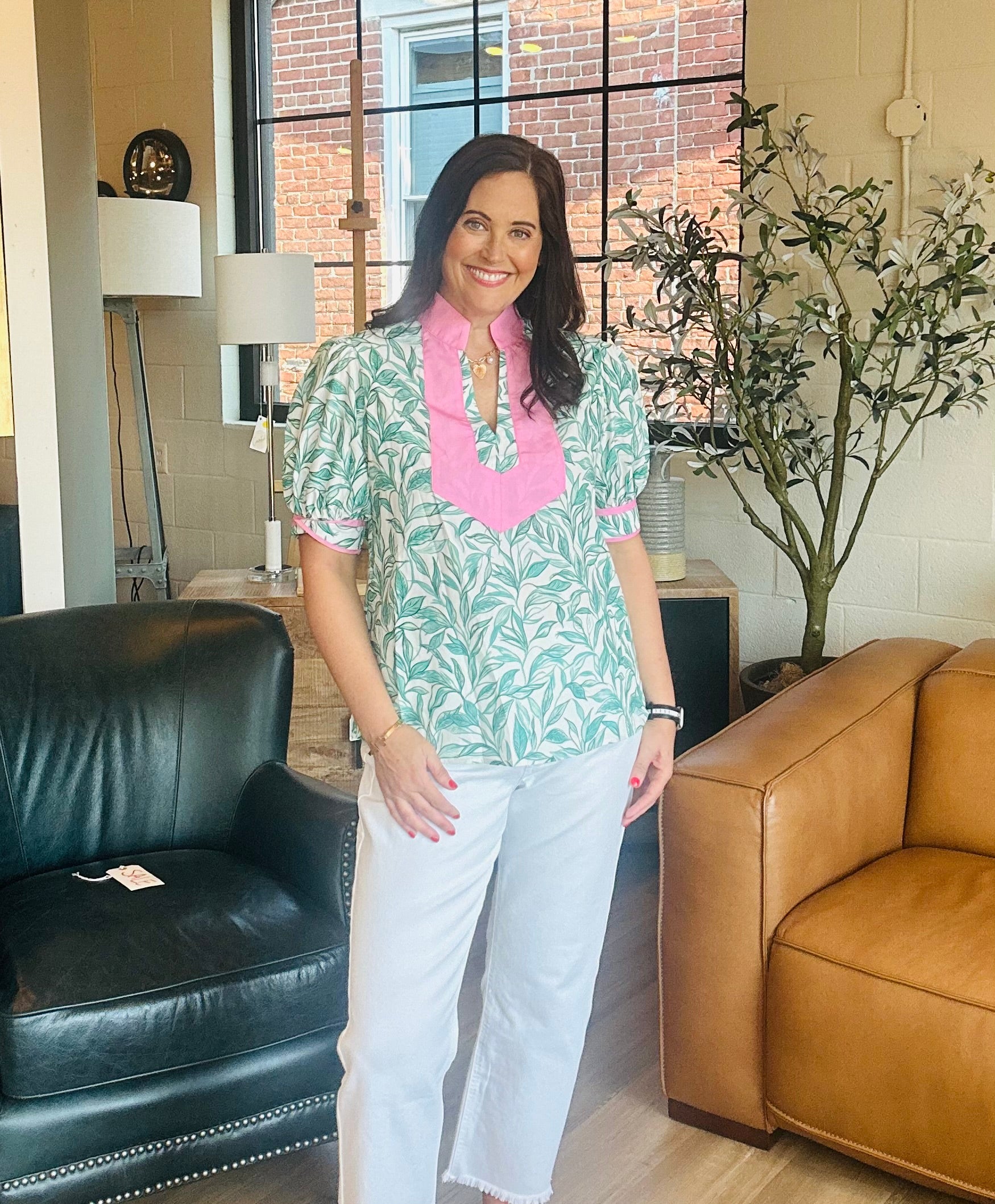 Leaves Printed V Neck Bubble Sleeve Blouse - The Girl on Ivy