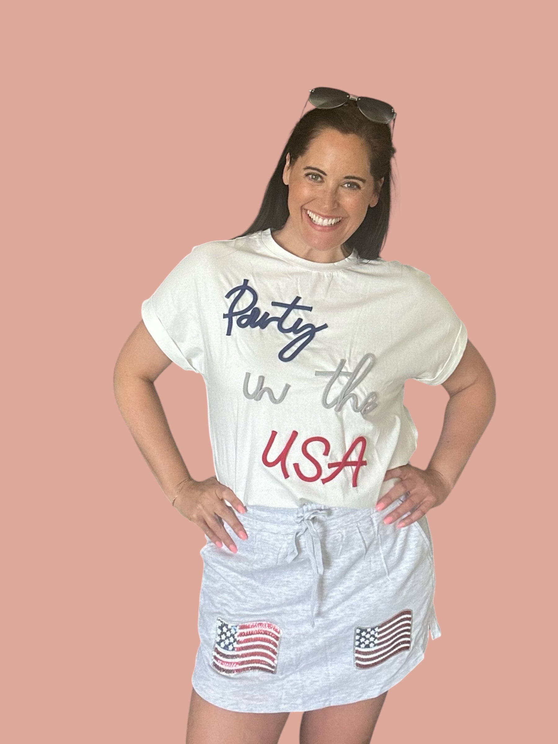 Sequin USA Flag Patch Graphic Mini French Terry Skort - The Girl on Ivy