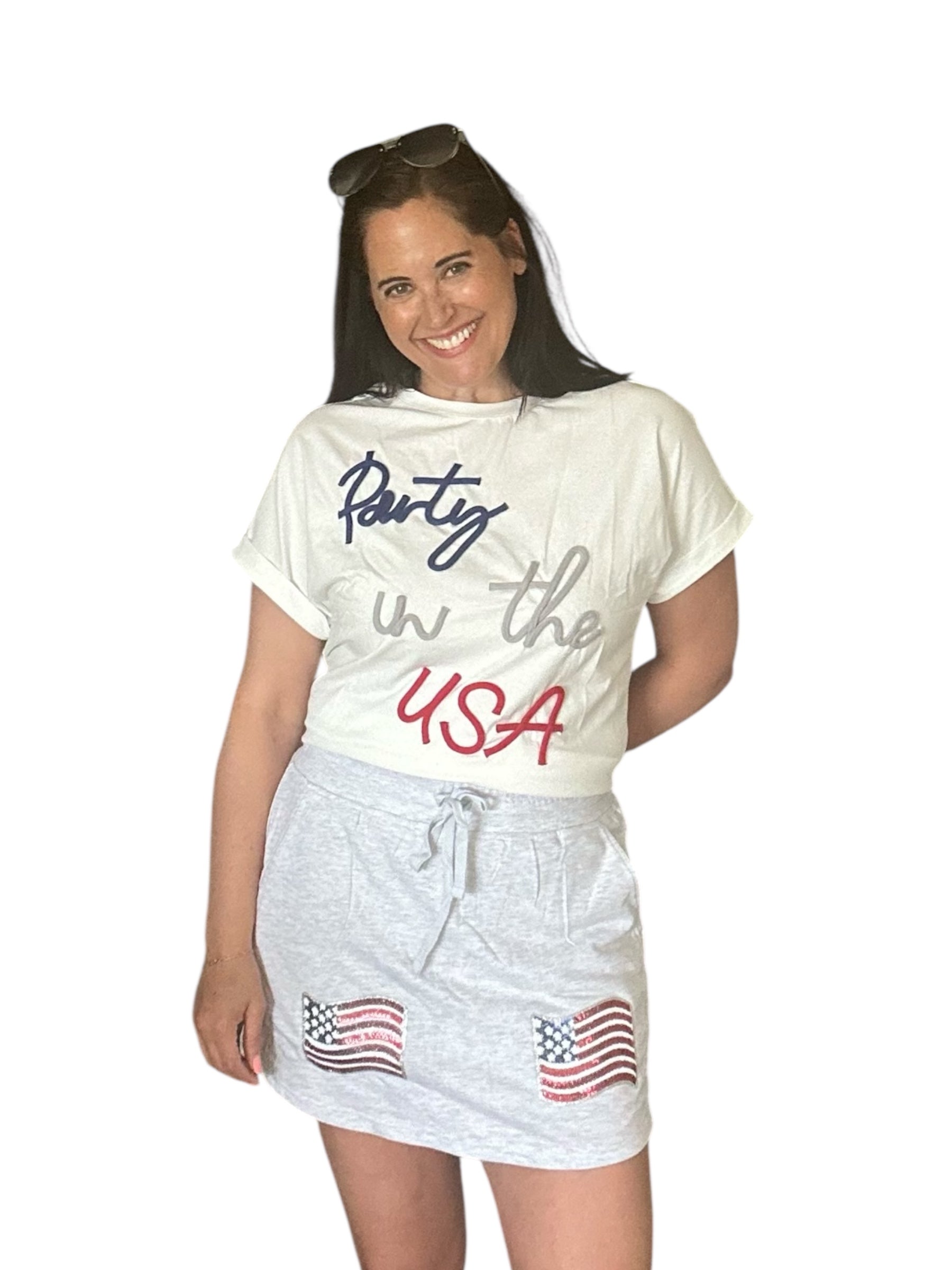 Sequin USA Flag Patch Graphic Mini French Terry Skort - The Girl on Ivy
