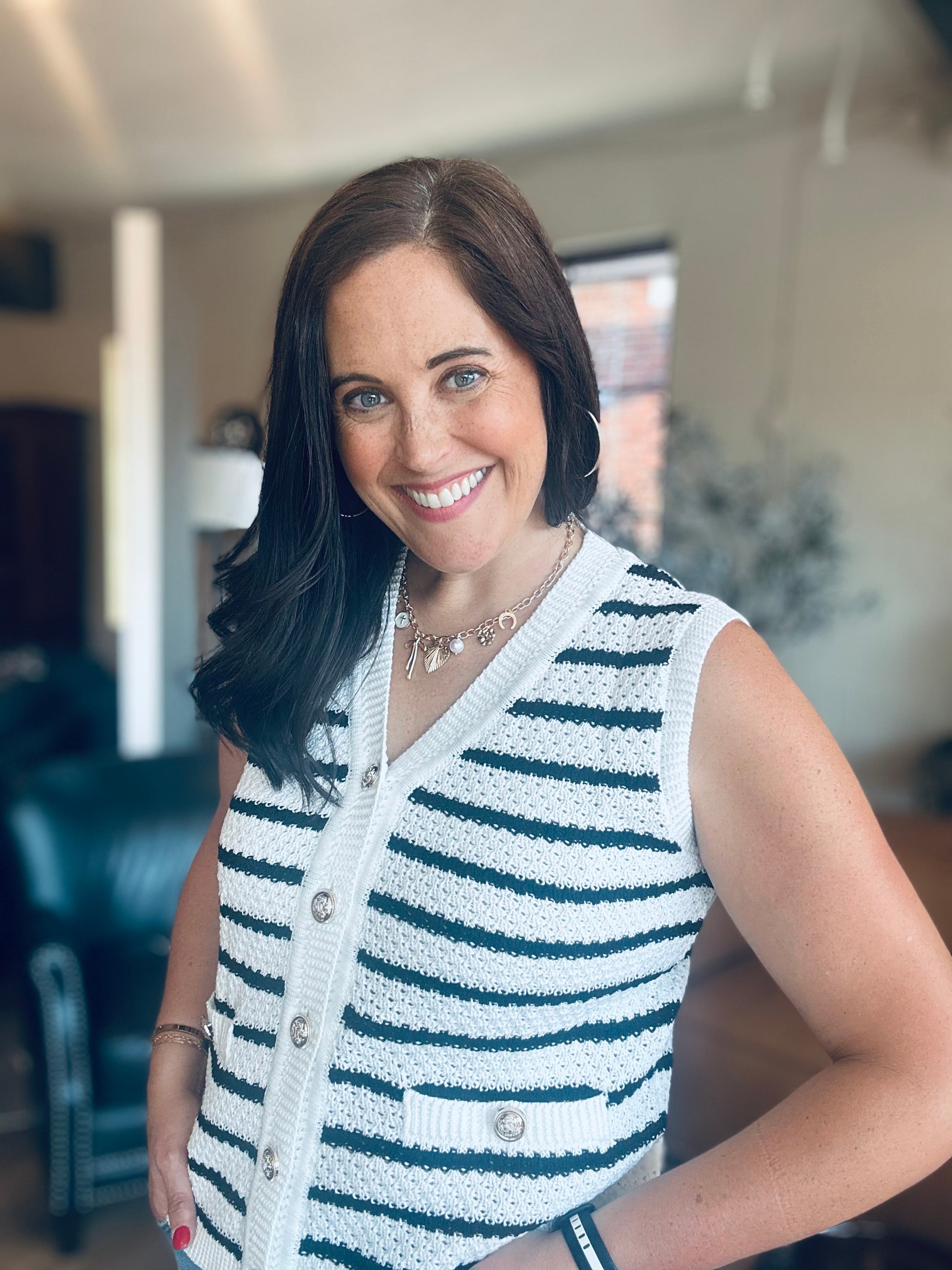 Stripe V Neck Gold Button Sweater Vest - The Girl on Ivy