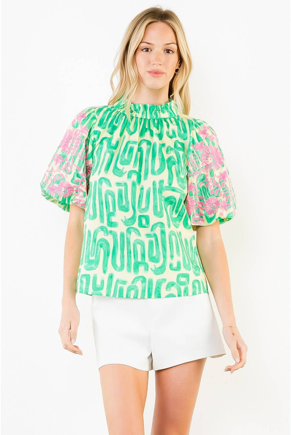 Embroidery Detail Puff Sleeve Abstract Pattern Top - The Girl on Ivy