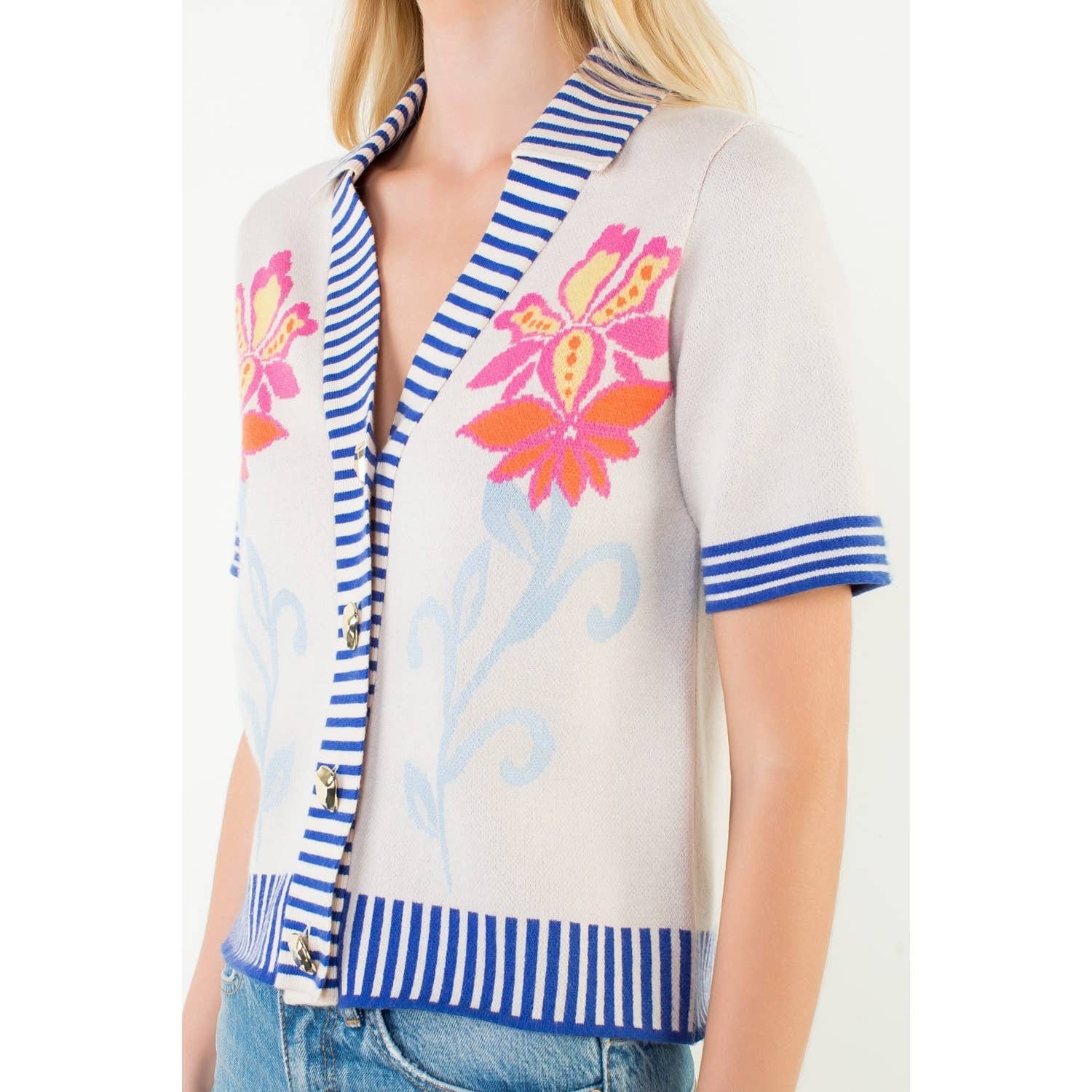 Knitted Floral Stripe Trim Button Top - The Girl on Ivy